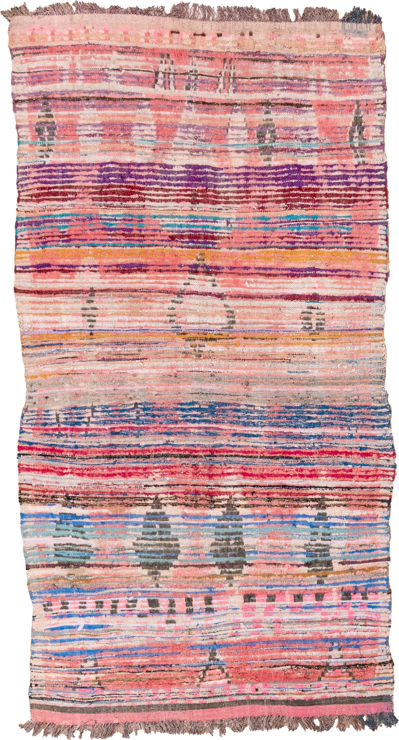 4' x 6' one-of-a-kind handmade vintage Moroccan small size rug. Color palette: blush, rose, ivory, sky blue, lavender