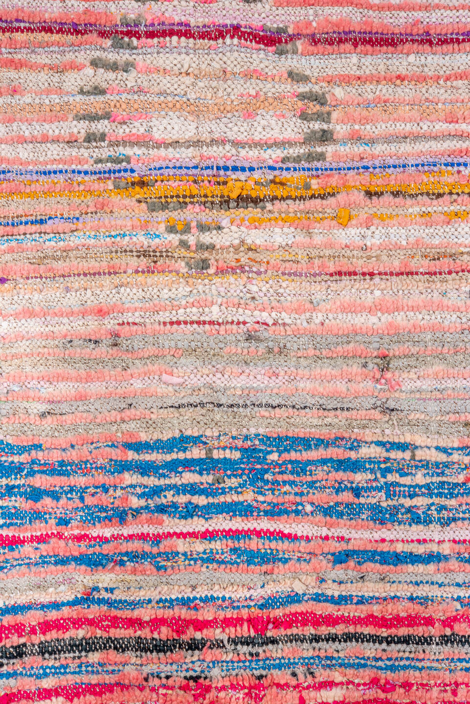 4' x 6' one-of-a-kind handmade vintage Moroccan small size rug. Color palette: blue, brown, gray, light gray, off-white