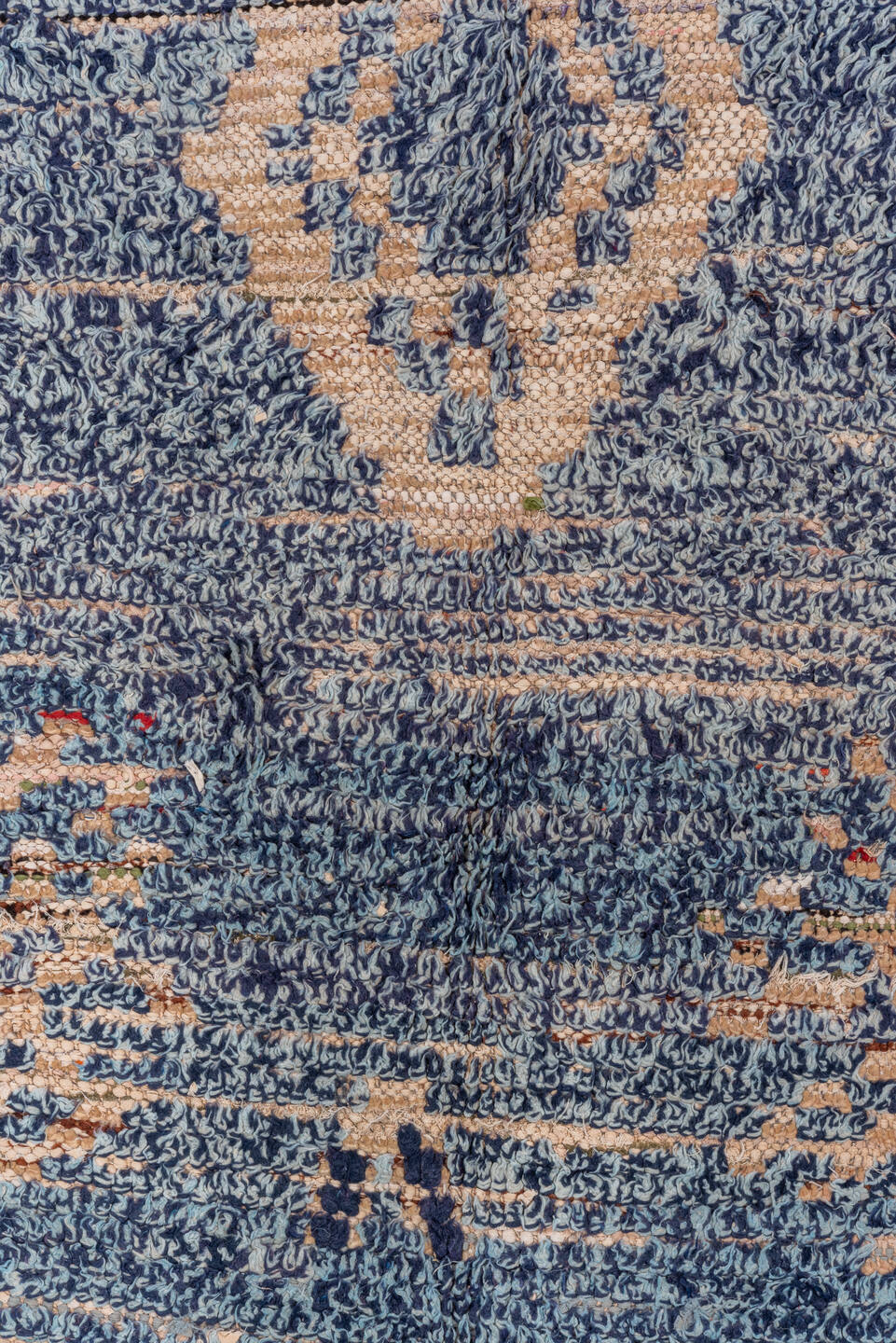 4' x 7' one-of-a-kind handmade vintage Moroccan rug. Color palette: blue, brown, fiord, gray, light blue, light gray