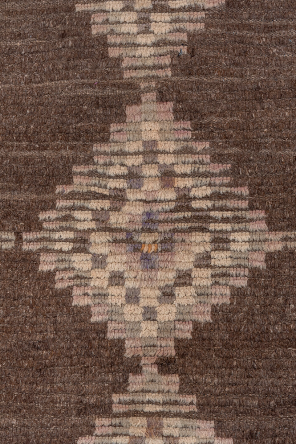 3' x 14' one-of-a-kind handmade vintage Moroccan runner rug. Color palette: brown, orange, pink