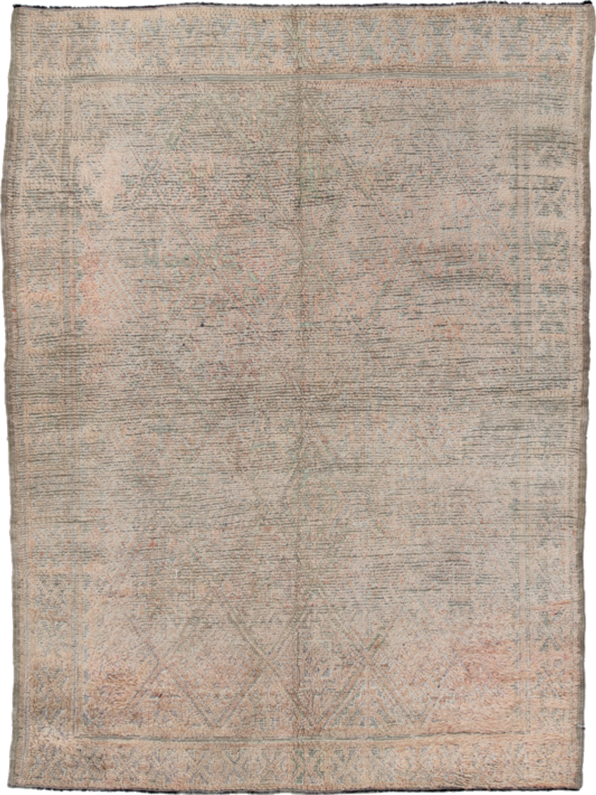 6' x 8' one-of-a-kind handmade vintage Moroccan medium size rug. Color palette: brown, gray, light gray, off-white, pink