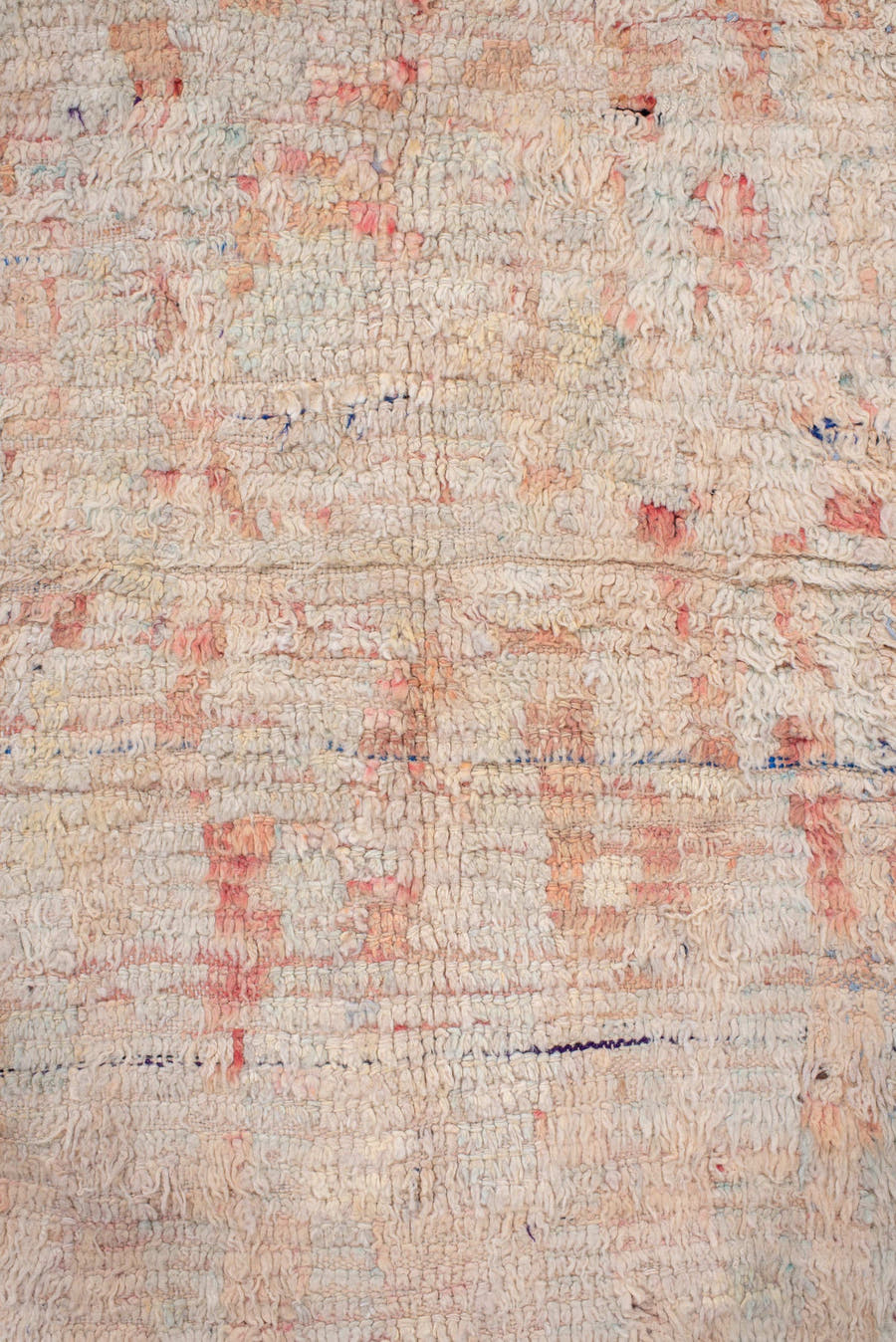 5' x 7' one-of-a-kind handmade antique Moroccan rug. Color palette: ivory, blush, peach, pale blue, cream, charcoal, pink