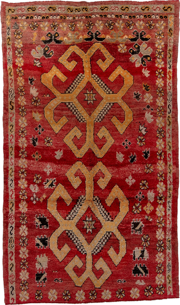 5' x 9' one-of-a-kind handmade vintage Moroccan medium size rug. Color palette: brown, light gray, off-white, orange, pink