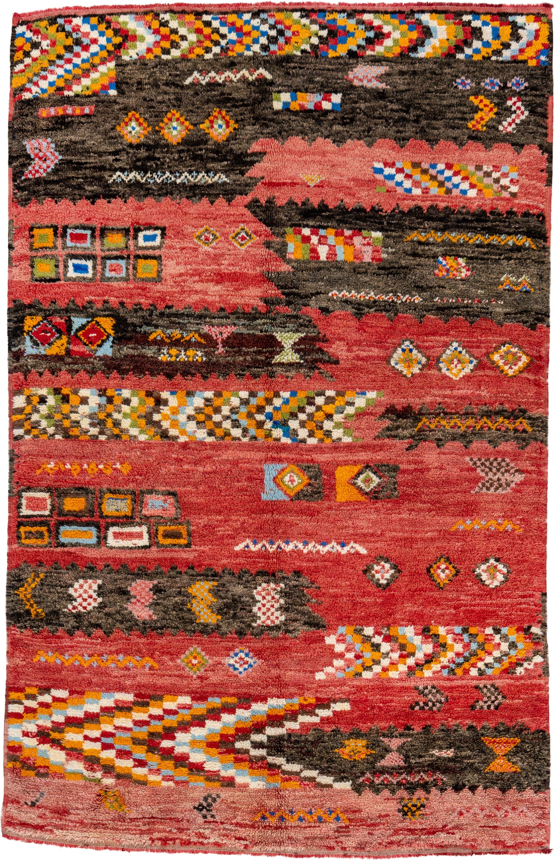 5' x 8' one-of-a-kind handmade vintage Moroccan medium size rug. Color palette: rose, brown, ivory, gold, sky_blue, crimson