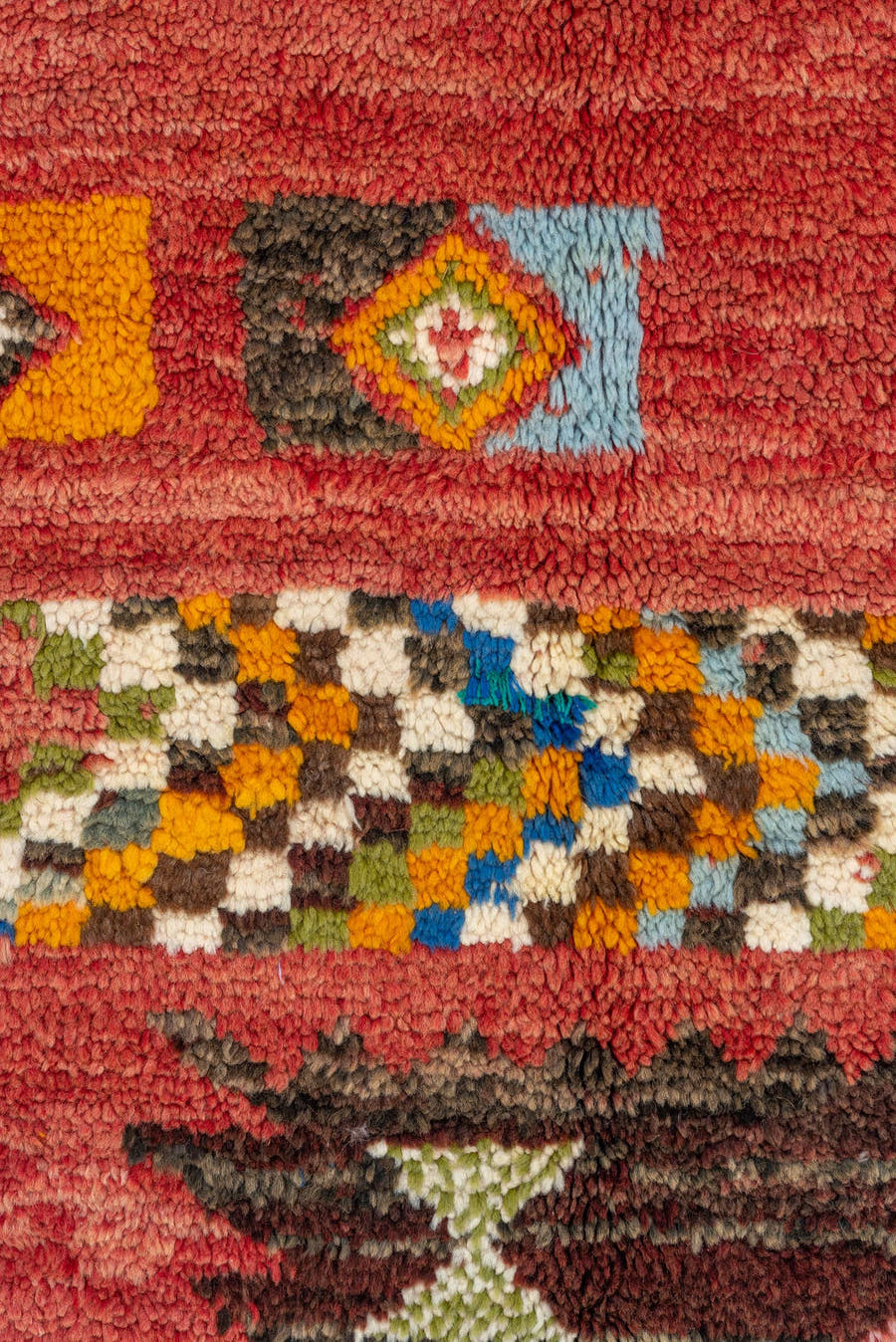 5' x 8' one-of-a-kind handmade vintage Moroccan medium size rug. Color palette: rose, brown, ivory, gold, sky_blue, crimson