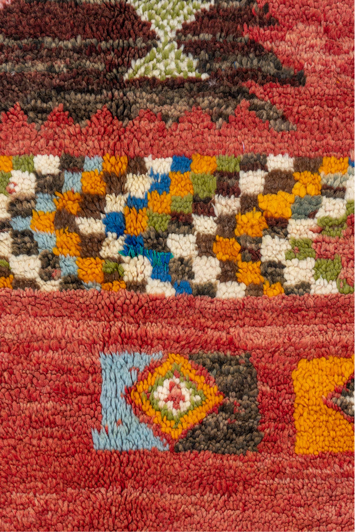 5' x 8' one-of-a-kind handmade vintage Moroccan medium size rug. Color palette: blue, brown, gainsboro, goldenrod, gray