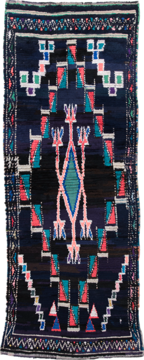 3' x 7' one-of-a-kind handmade vintage Moroccan runner rug. Color palette: black, blue, brown, dark slate gray, gray, green