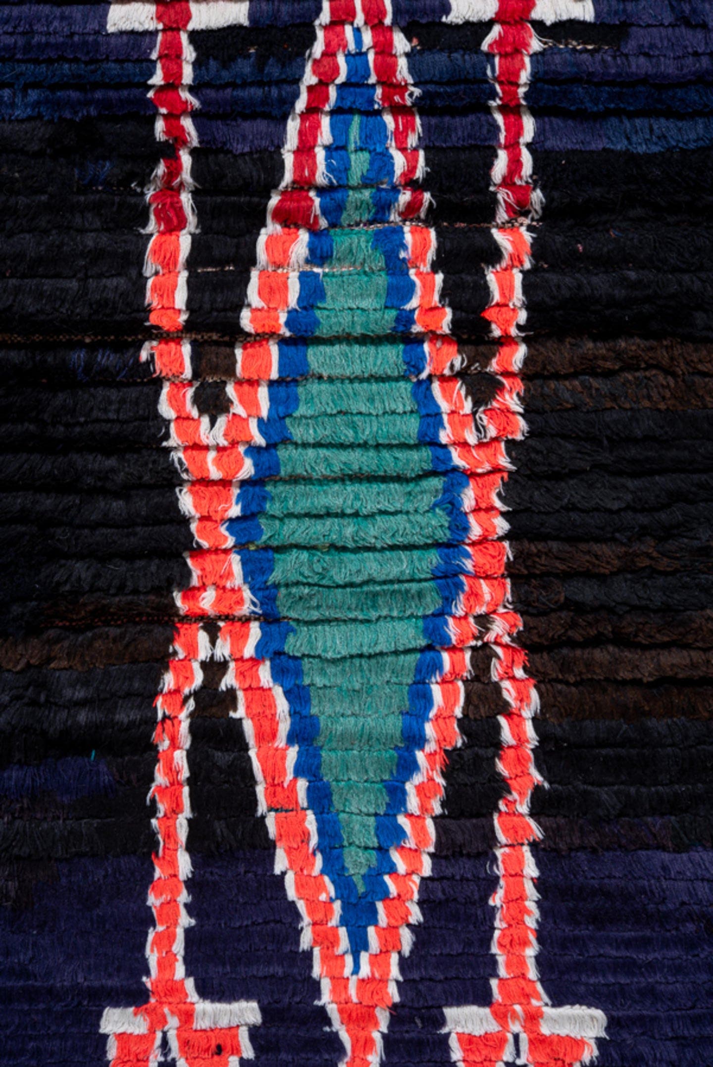 3' x 7' one-of-a-kind handmade vintage Moroccan runner rug. Color palette: navy, black, turquoise, coral, ivory, violet