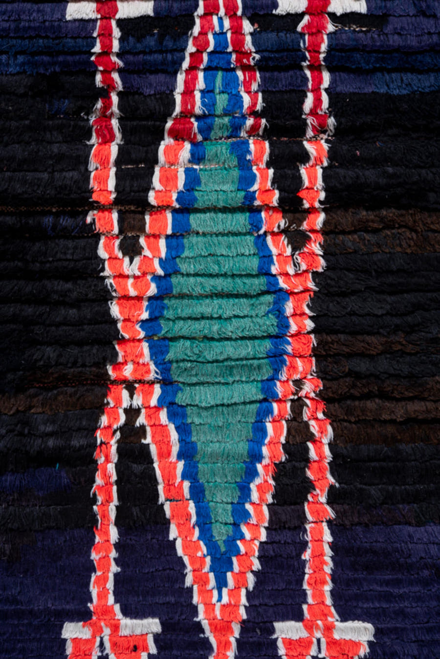 3' x 7' one-of-a-kind handmade vintage Moroccan runner rug. Color palette: navy, black, turquoise, coral, ivory, violet
