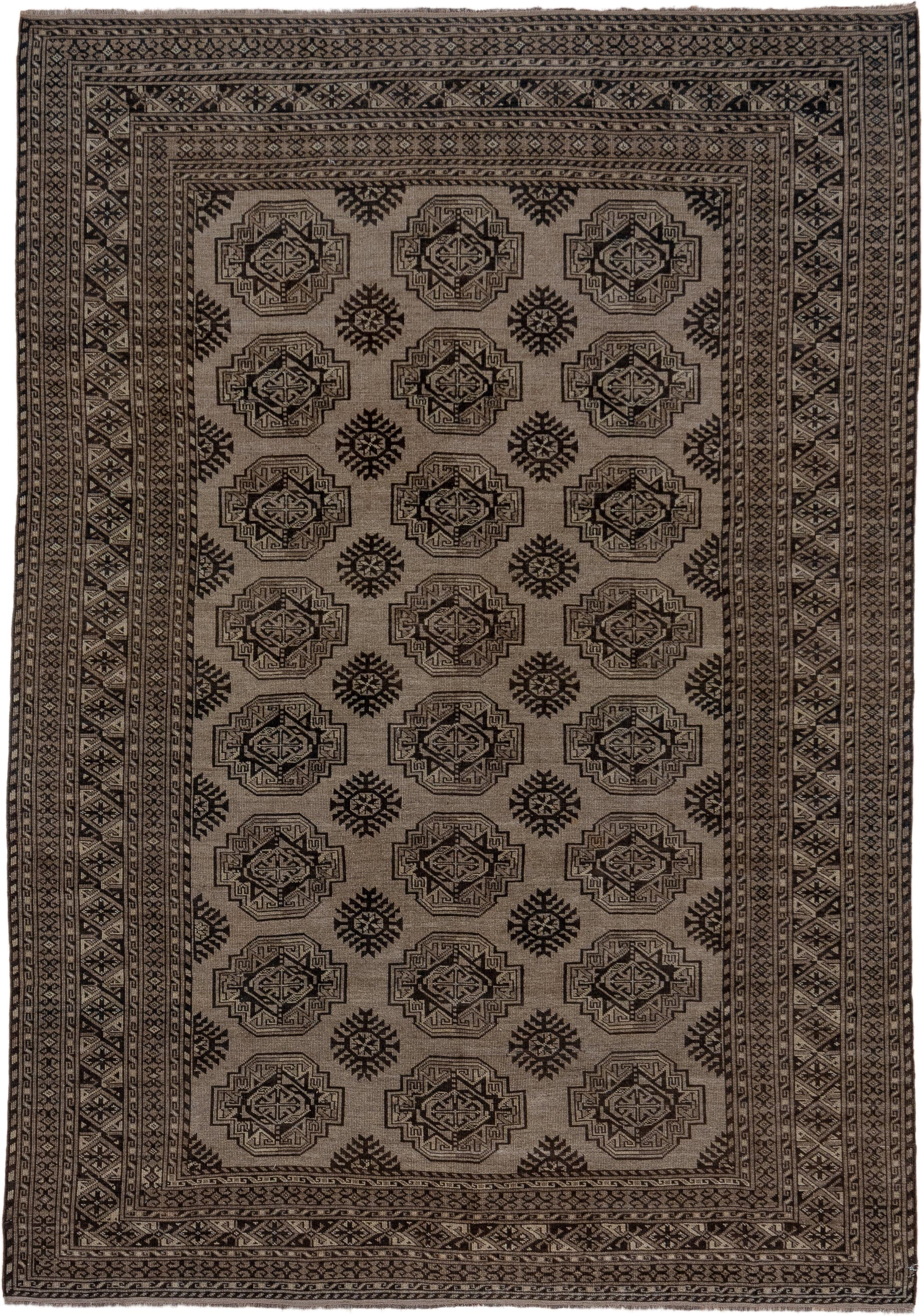 7' x 10' one-of-a-kind handmade antique Afghan large size rug. Color palette: camel, dark brown, taupe, beige, charcoal