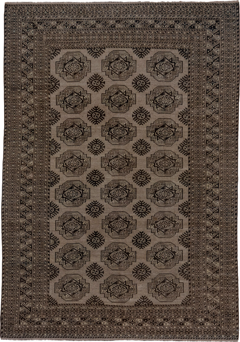 7' x 10' one-of-a-kind handmade vintage Afghan large size rug. Color palette: black, brown, dark gray, gray