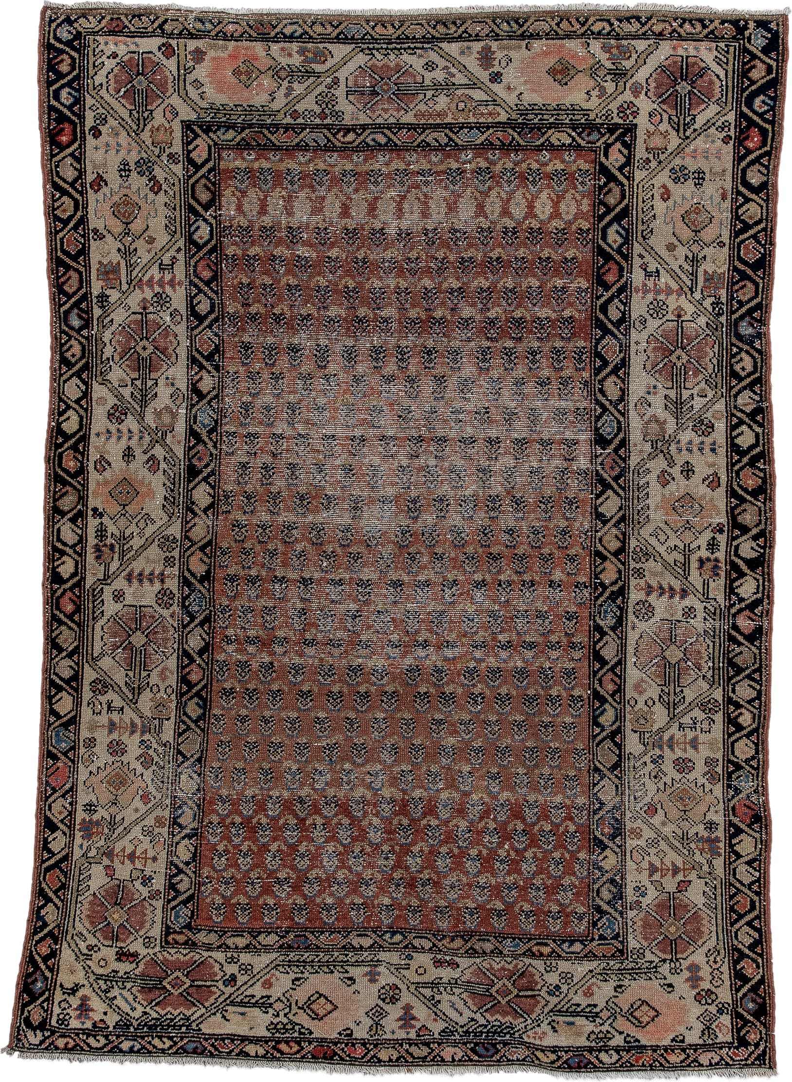 4' x 6' one-of-a-kind handmade vintage Malayer small size rug. Color palette: rust, ivory, navy, rose, taupe, slate, camel