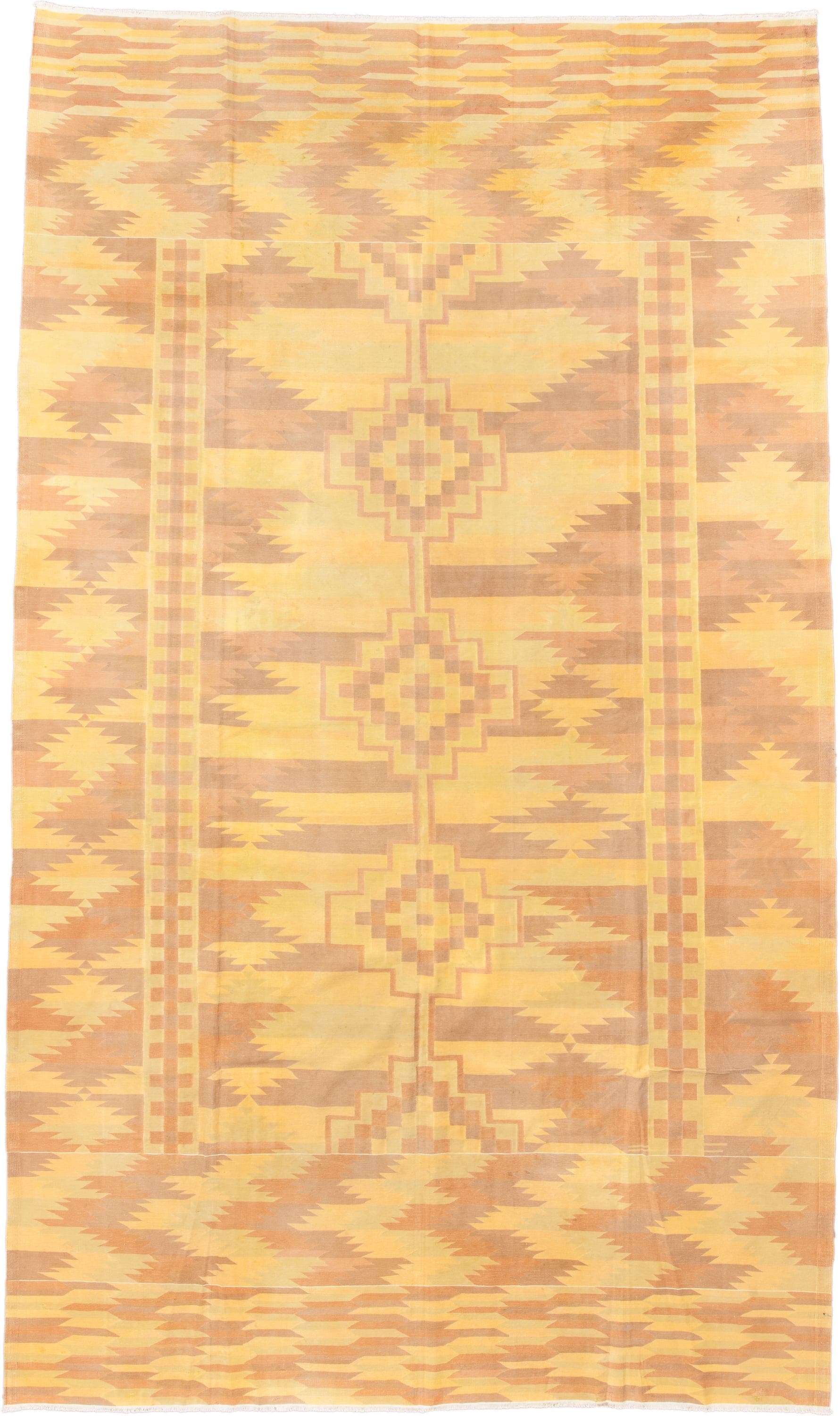 9' x 16' one-of-a-kind handmade antique Dhurrie rug. Color palette: gold, butter yellow, peach, terra cotta, camel