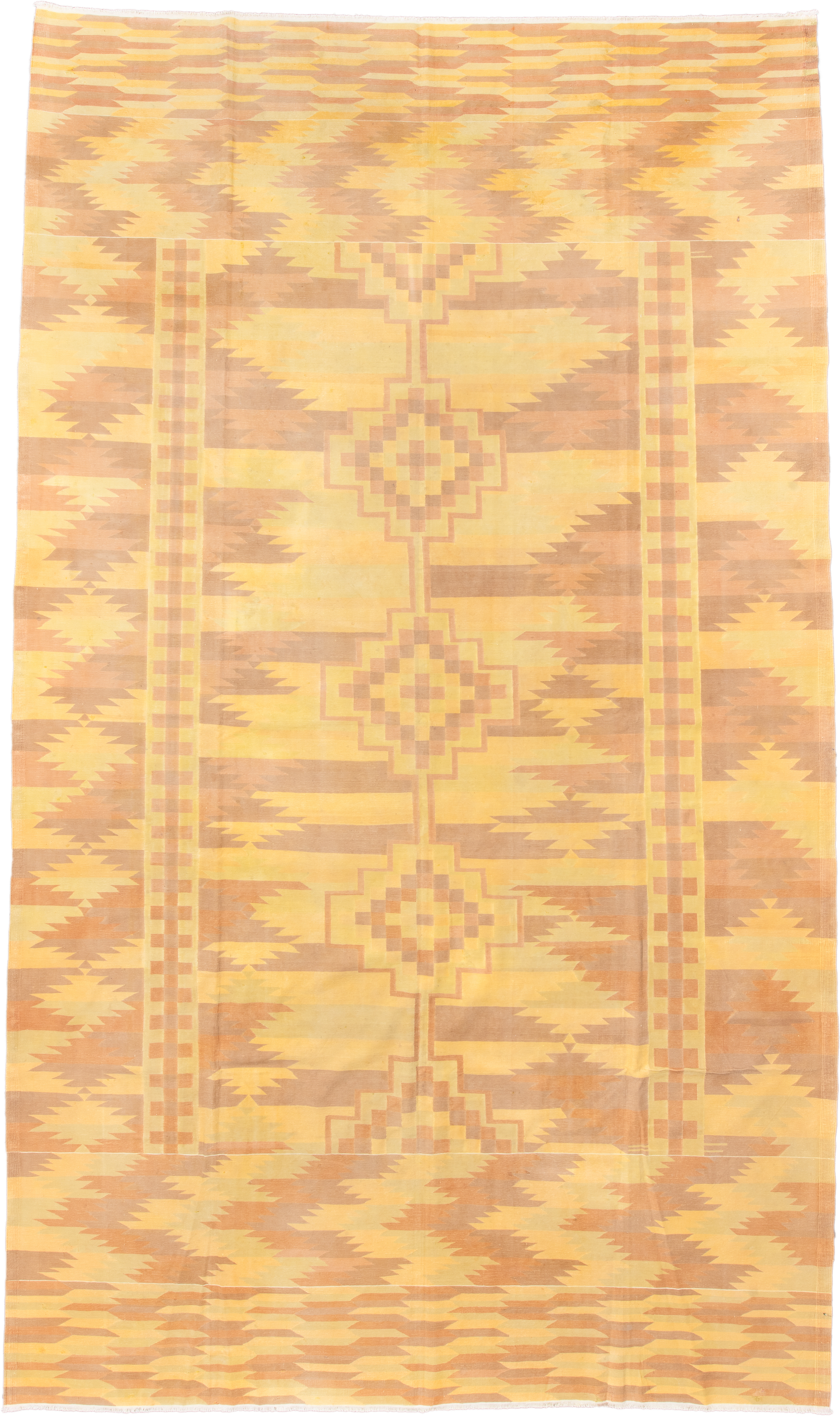 9' x 16' one-of-a-kind handmade antique Dhurrie rug. Color palette: gold, butter yellow, peach, terra cotta, camel