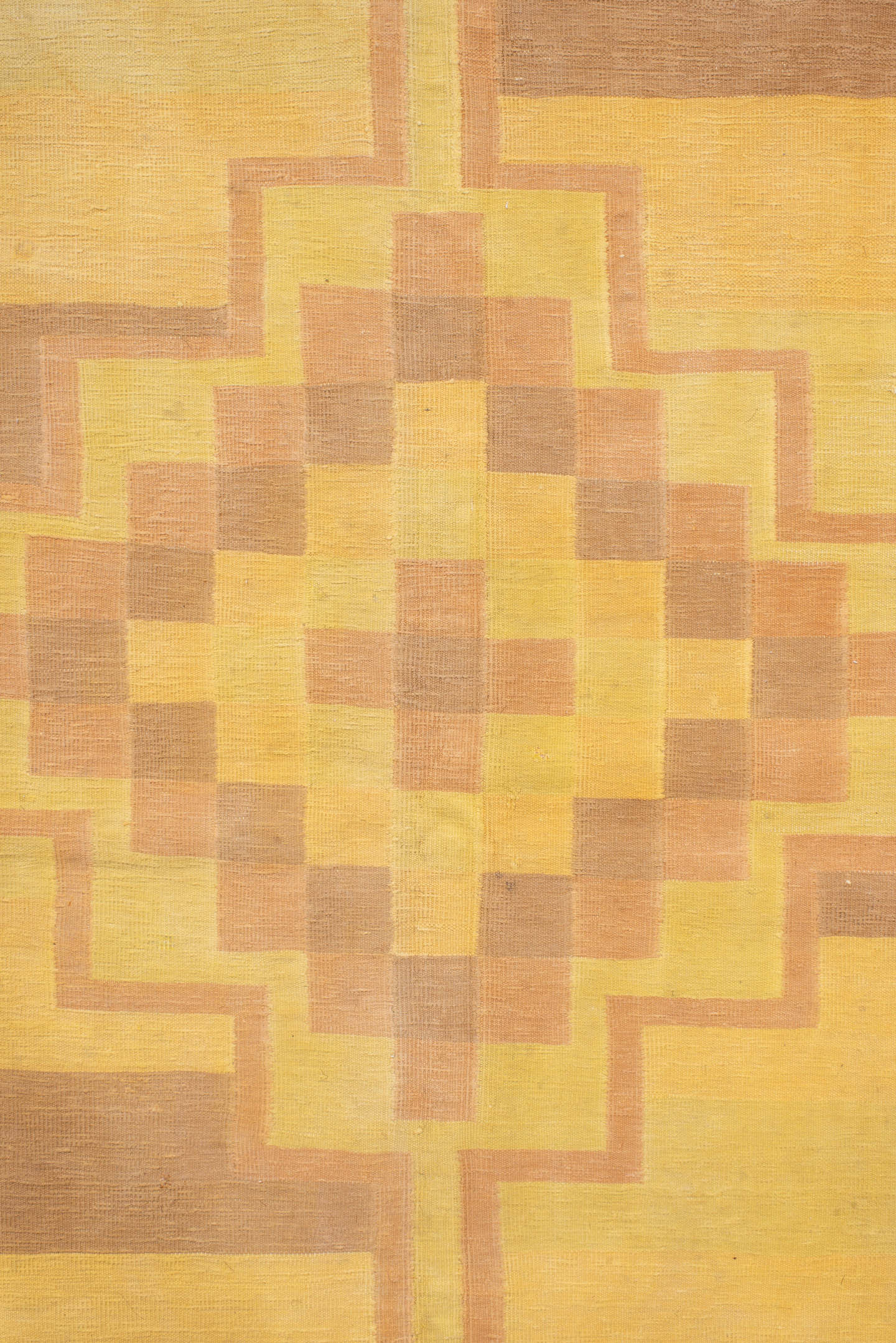 9' x 16' one-of-a-kind handmade antique Dhurrie rug. Color palette: gold, butter yellow, peach, terra cotta, camel