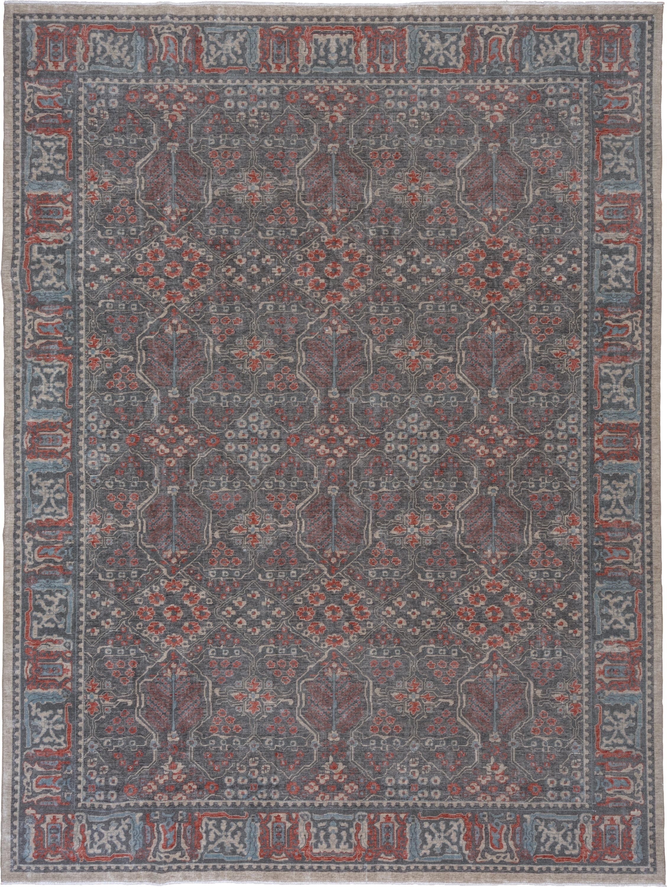 9' x 12' one-of-a-kind handmade machine-made Machine large size rug. Color palette: slate, rust, ivory, blue, taupe