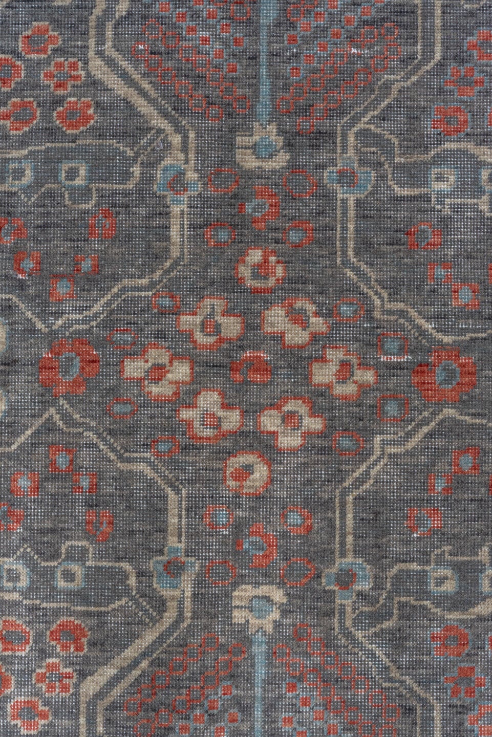 9' x 12' one-of-a-kind handmade machine-made Machine large size rug. Color palette: slate, rust, ivory, blue, taupe