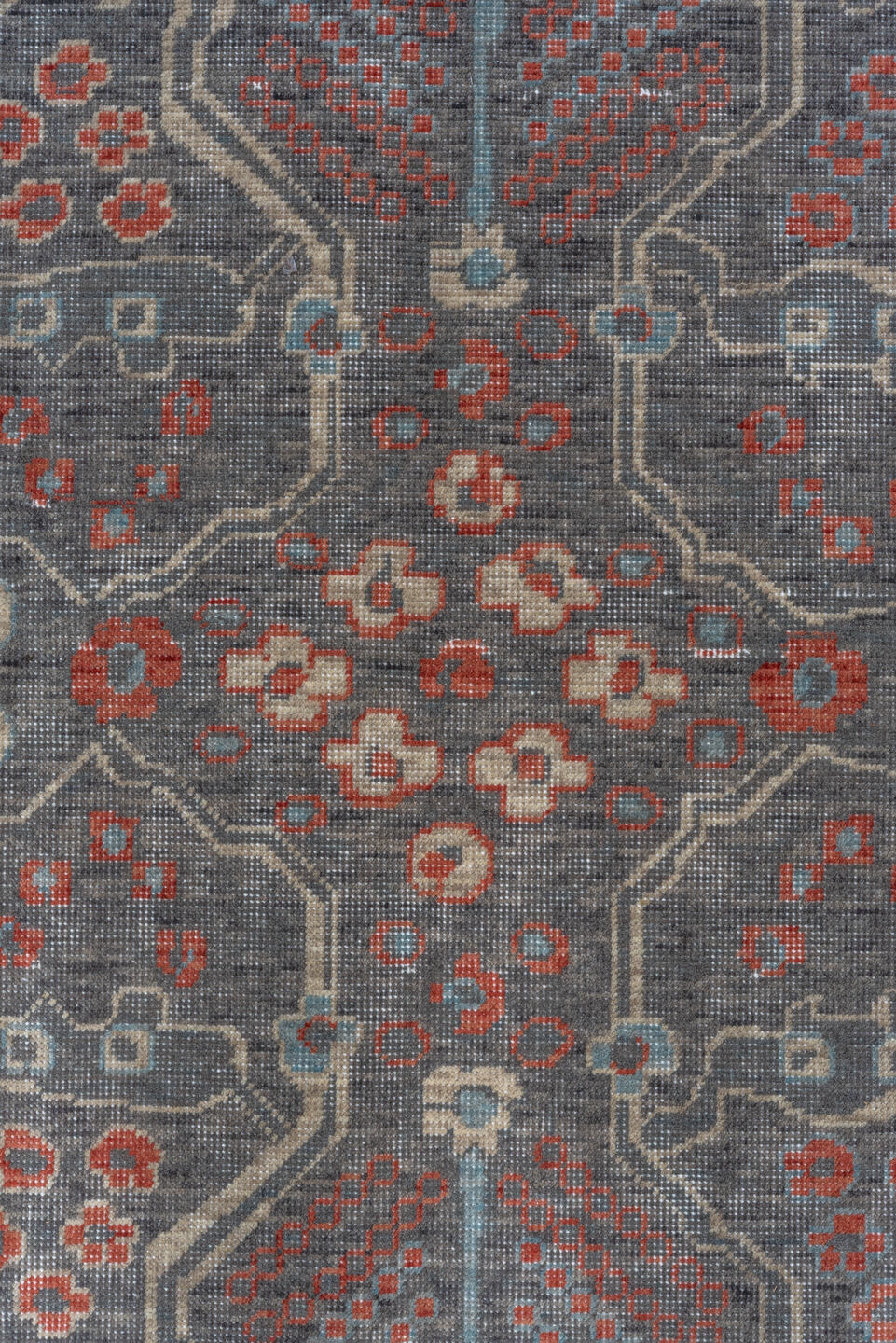 9' x 12' one-of-a-kind handmade machine-made Machine large size rug. Color palette: slate, rust, ivory, blue, taupe