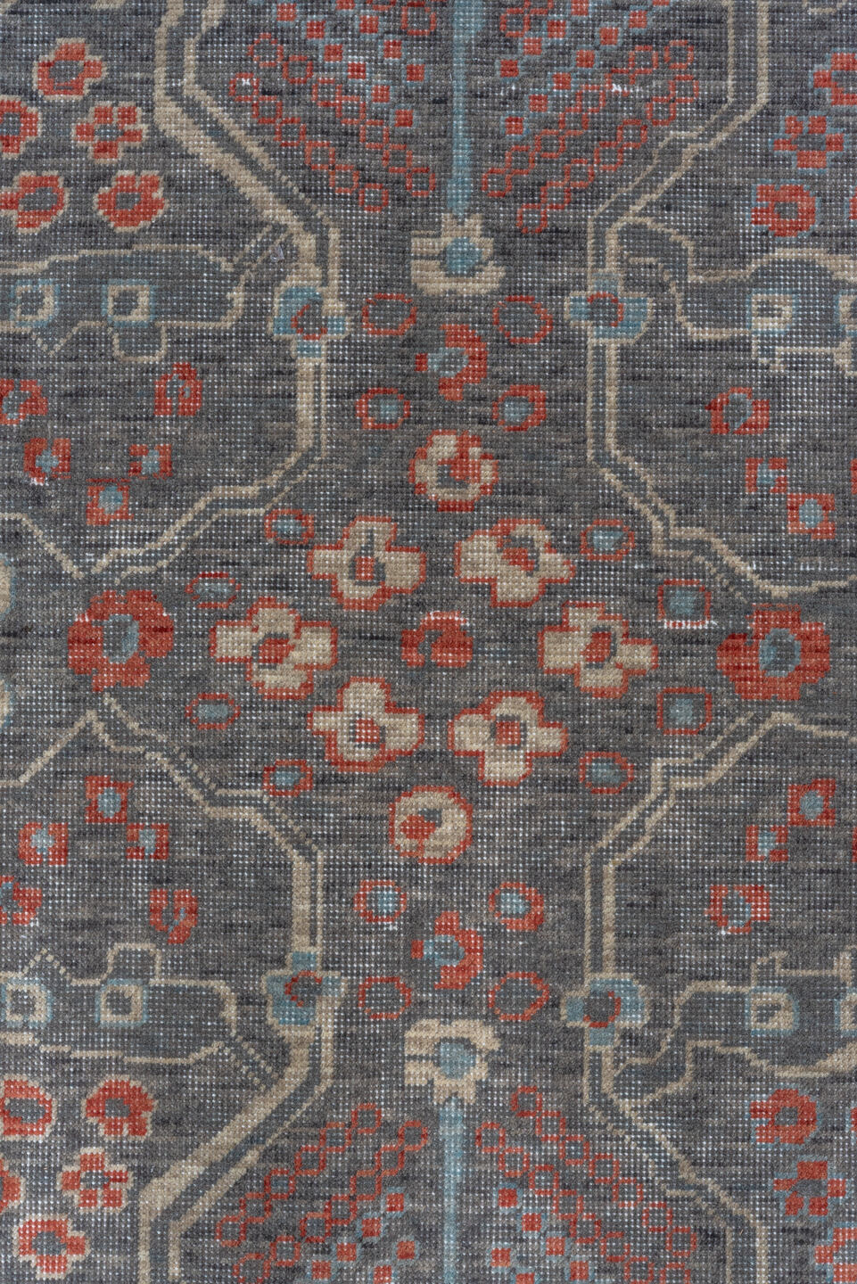 9' x 12' one-of-a-kind handmade machine-made Machine large size rug. Color palette: slate, rust, ivory, blue, taupe