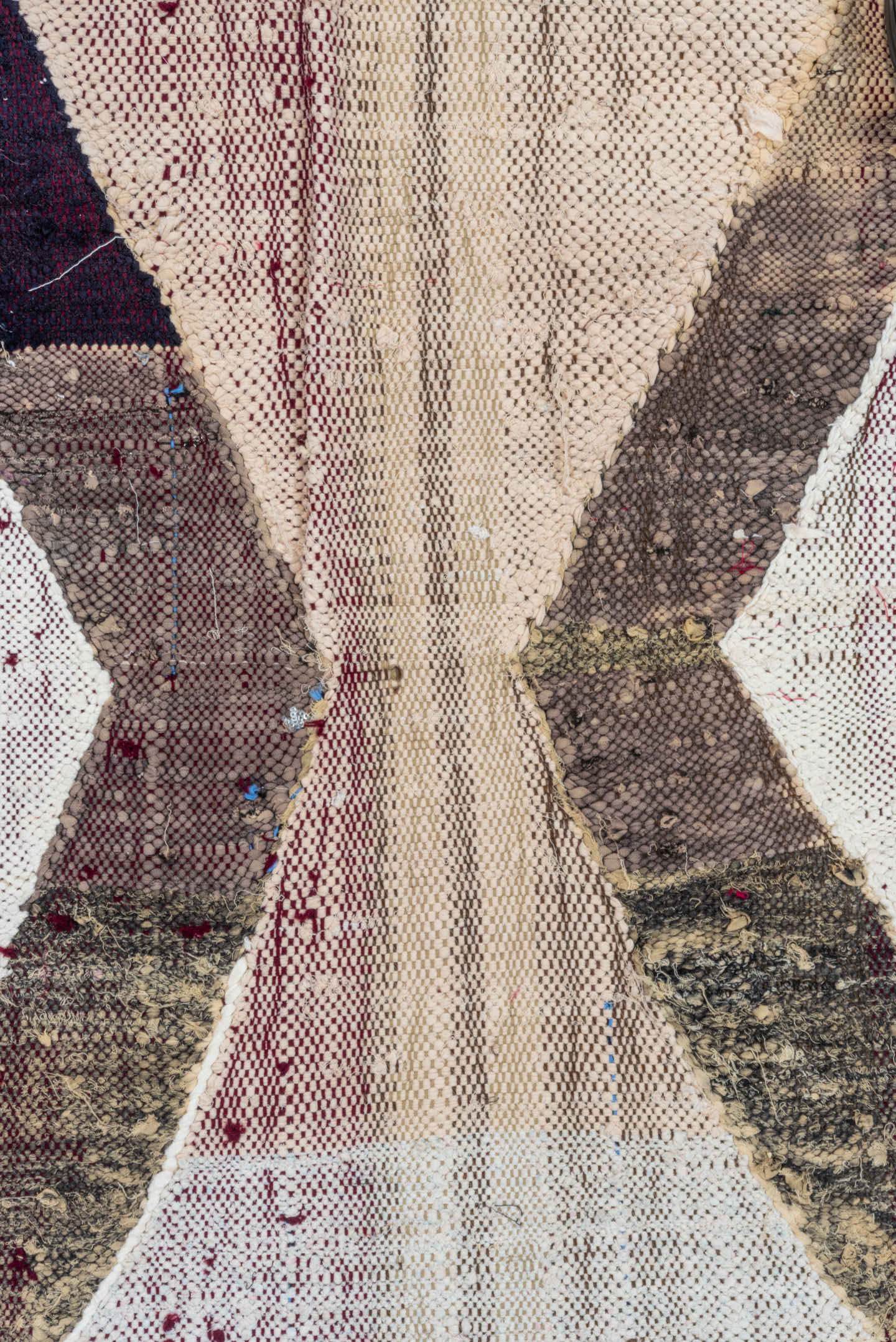 4' x 8' one-of-a-kind handmade vintage Rag Rug rug. Color palette: ivory, charcoal, plum, crimson, lavender, sky blue, brown