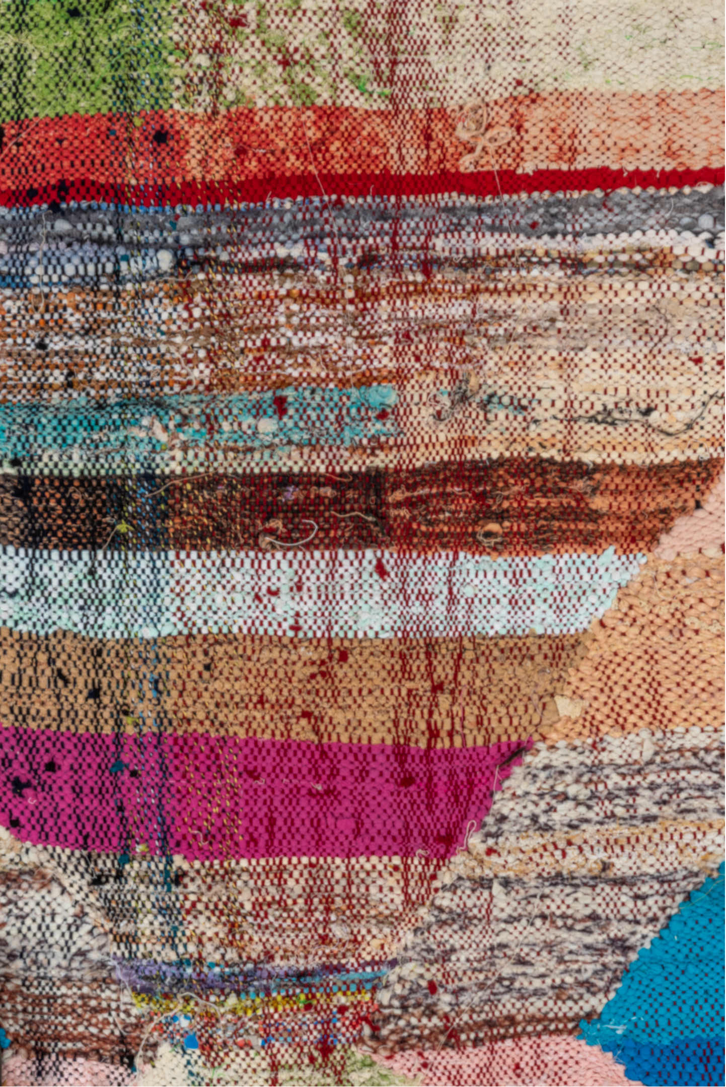 4' x 8' one-of-a-kind handmade vintage Rag Rug rug. Color palette: black, blue, brown, dark gray, gray, light gray