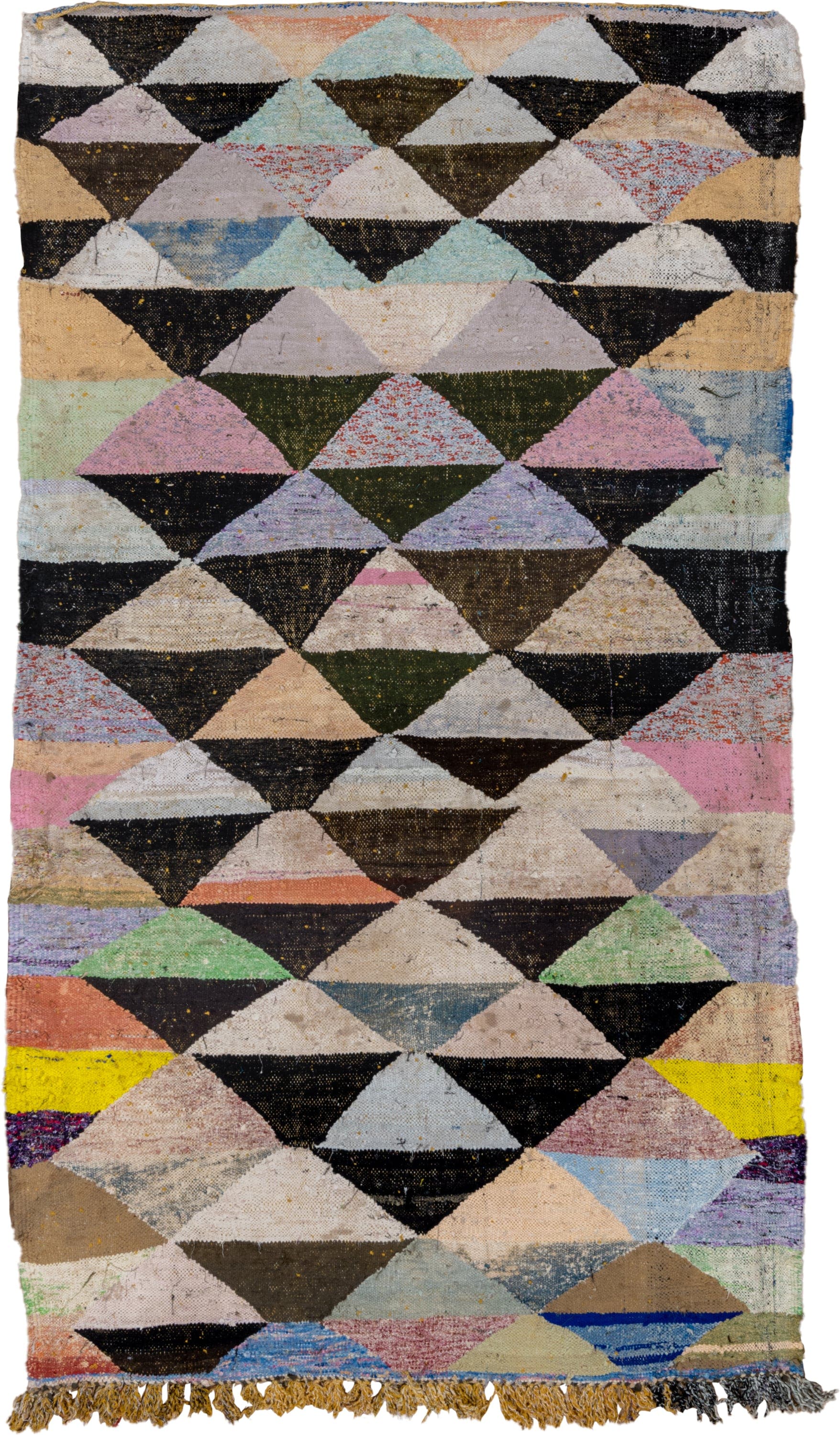 5' x 9' one-of-a-kind handmade vintage Rag Rug medium size rug. Color palette: ivory, black, sand, blush, sky blue, mint