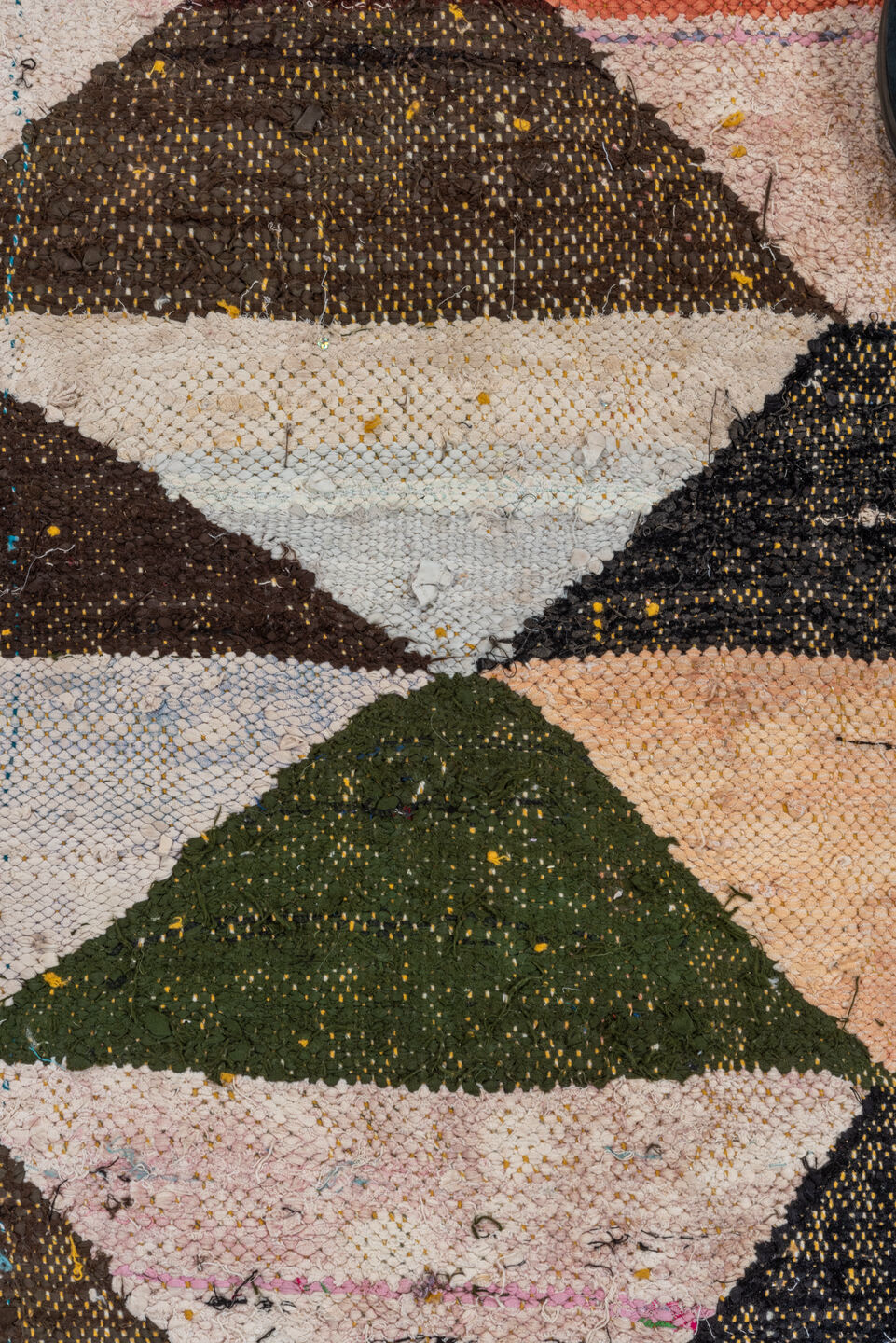 5' x 9' one-of-a-kind handmade vintage Rag Rug medium size rug. Color palette: ivory, black, sand, blush, sky blue, mint