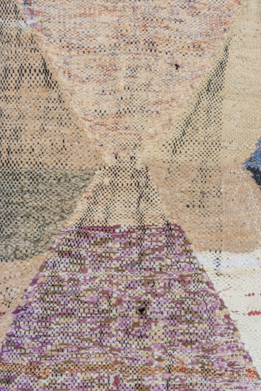 4' x 8' one-of-a-kind handmade vintage Rag Rug rug. Color palette: ivory, taupe, charcoal, cream, turquoise, lavender, green