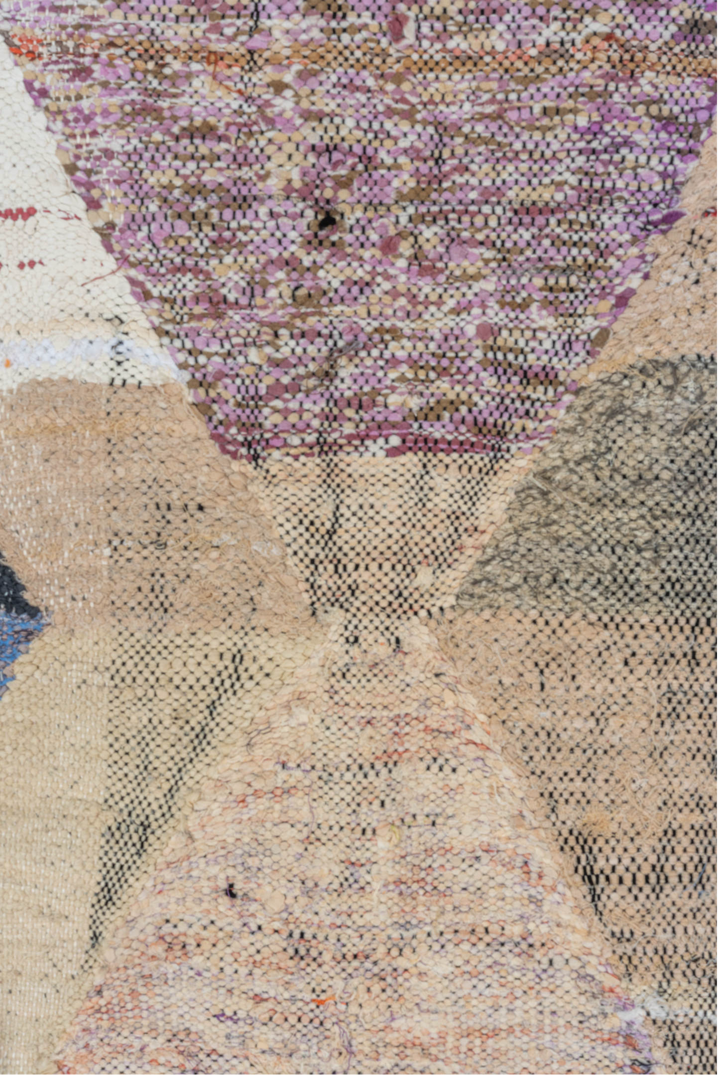 4' x 8' one-of-a-kind handmade vintage Rag Rug rug. Color palette: black, blue, brown, gainsboro, gray, light gray