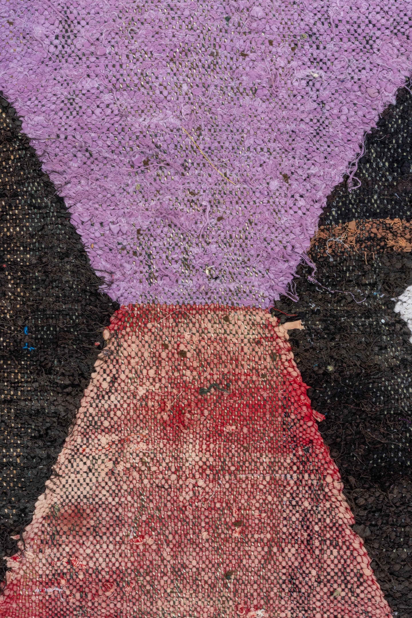 4' x 8' one-of-a-kind handmade vintage Rag Rug rug. Color palette: ivory, black, lavender, turquoise, blush, olive, ochre