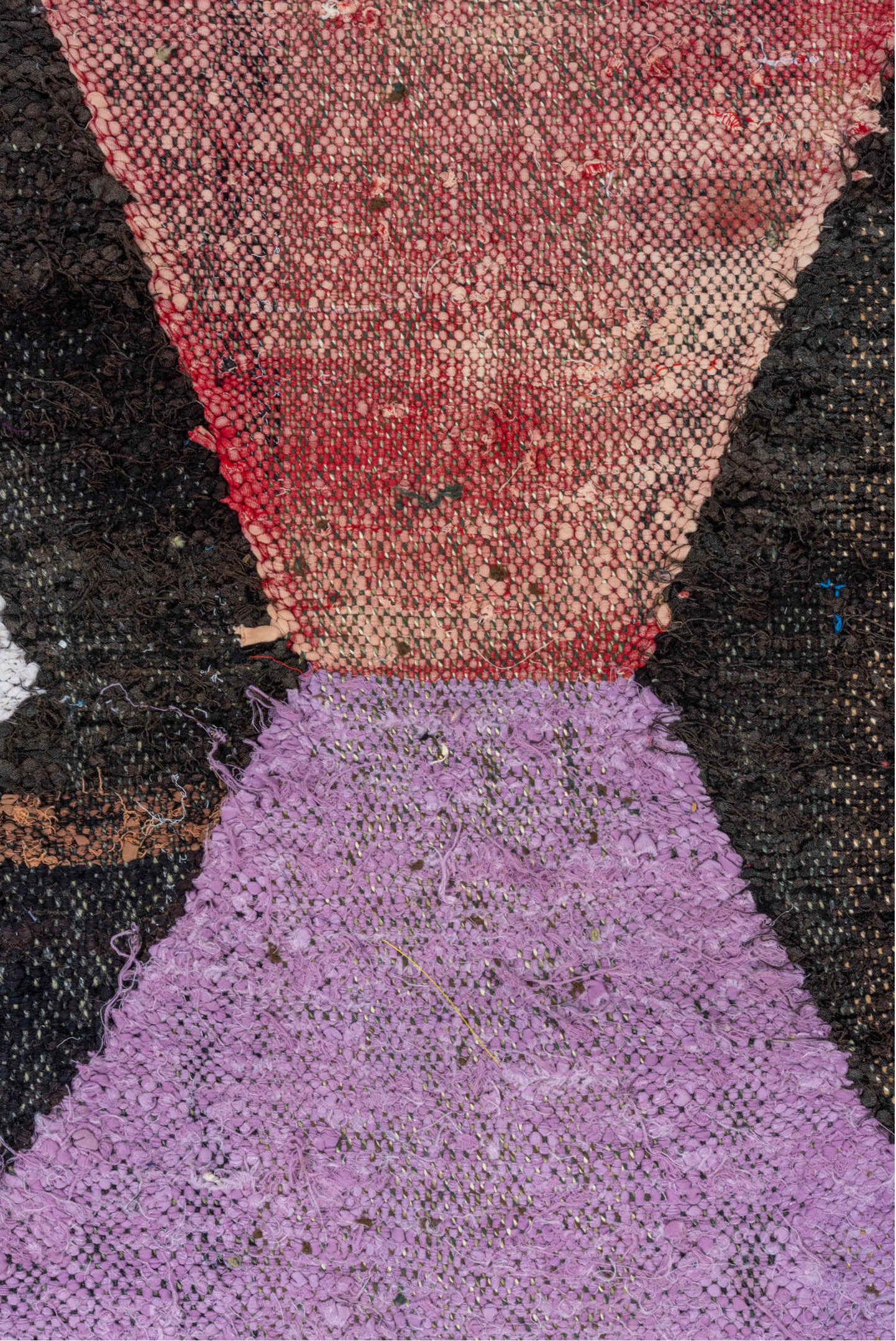 4' x 8' one-of-a-kind handmade vintage Rag Rug rug. Color palette: blue, brown, dark gray, dim gray, gray, light gray