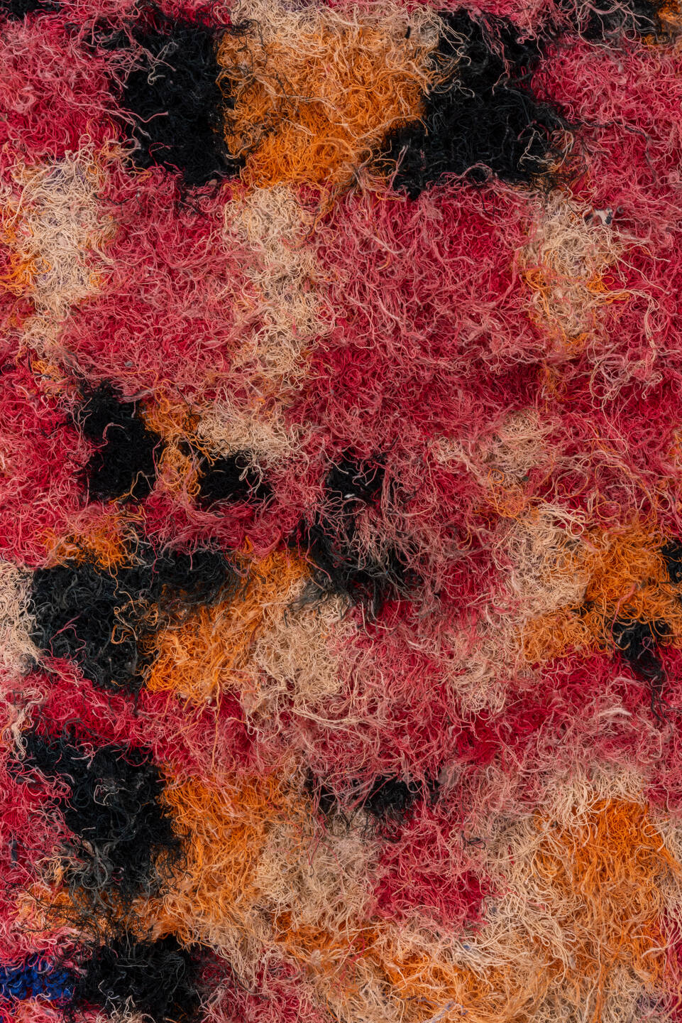 4' x 7' one-of-a-kind handmade vintage Rag Rug rug. Color palette: rose, orange, ivory, black, blush, peach, taupe, pink