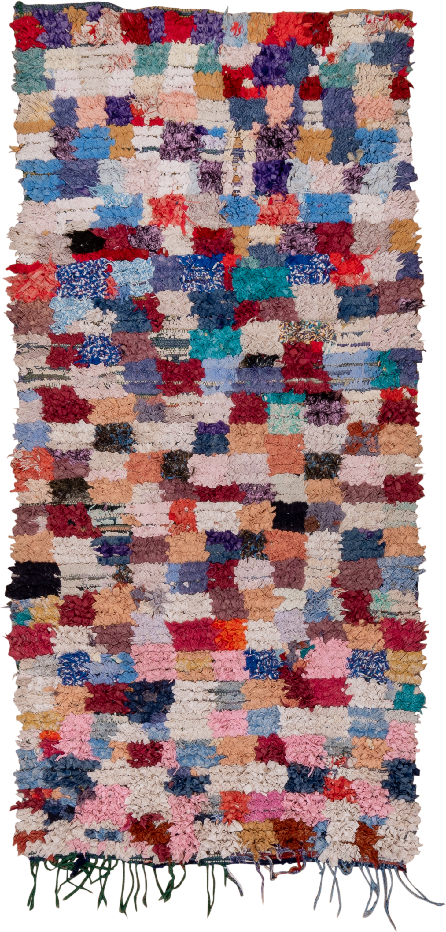 3' x 7' one-of-a-kind handmade vintage Rag Rug runner rug. Color palette: ivory, blush, denim, crimson, lavender, sky_blue