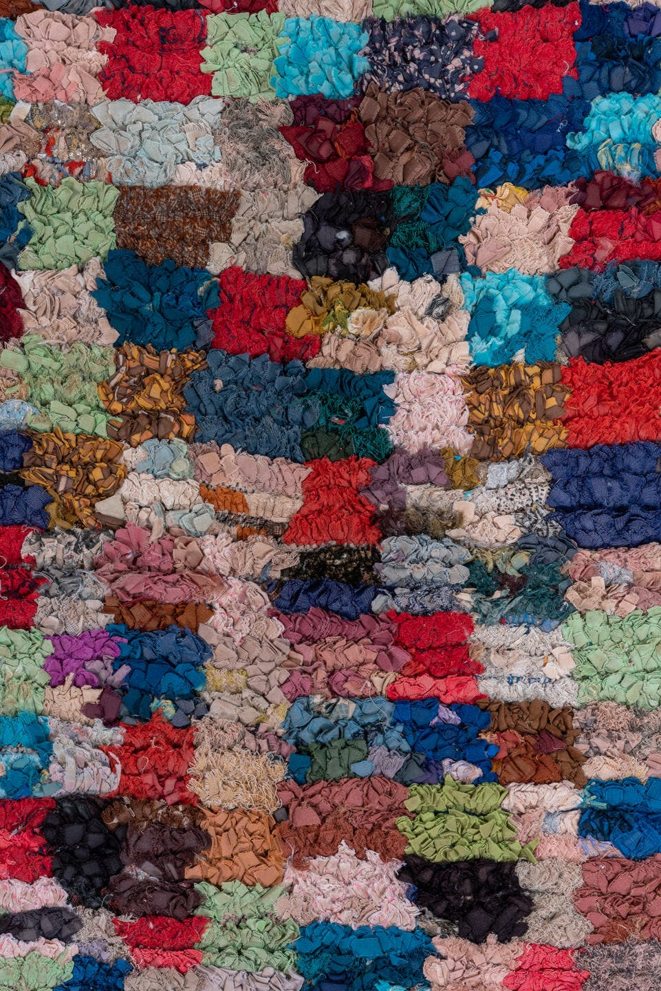 4' x 6' one-of-a-kind handmade vintage Rag Rug small size rug. Color palette: blush, crimson, navy, turquoise, sage, brown