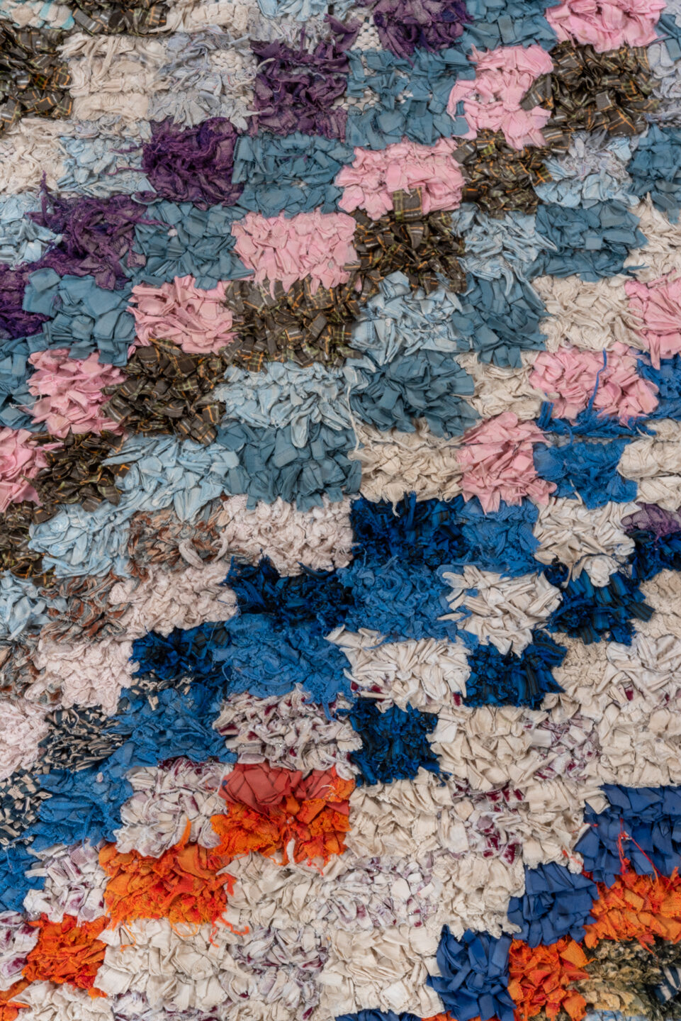 2' x 6' one-of-a-kind handmade vintage Rag Rug runner rug. Color palette: ivory, slate, turquoise, blue, brown, pink, coral