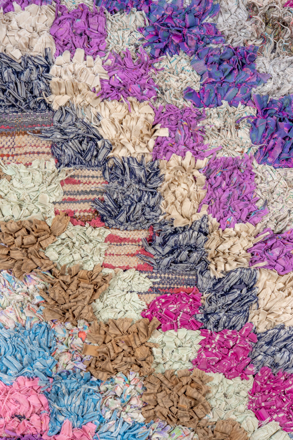 3' x 5' one-of-a-kind handmade vintage Rag Rug small size rug. Color palette: blue, gray, light blue, light gray, off-white