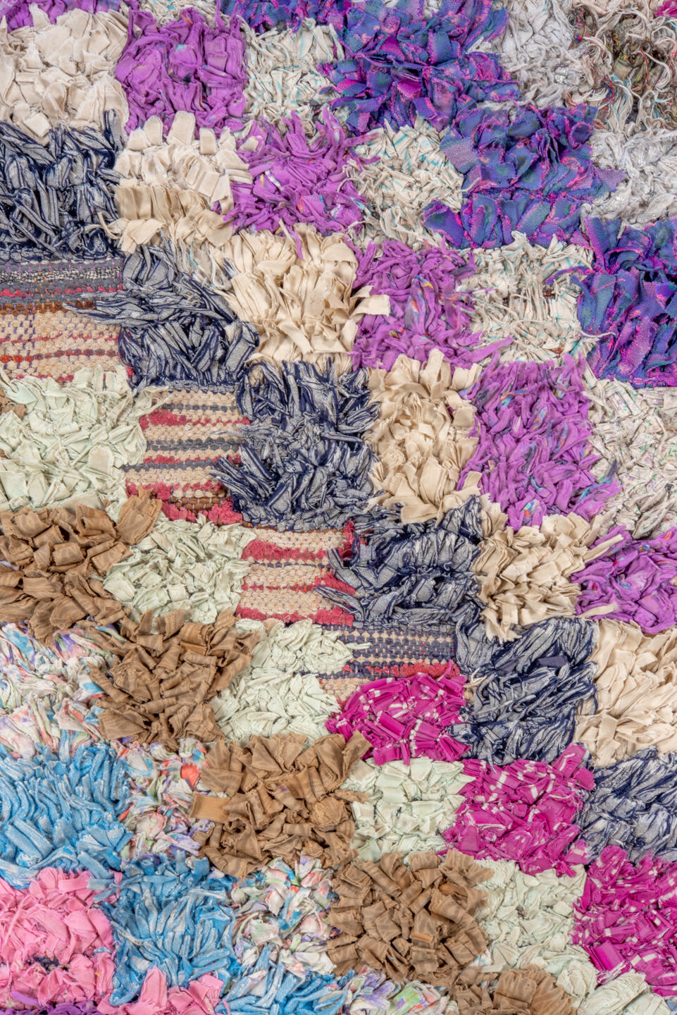 3' x 5' one-of-a-kind handmade vintage Rag Rug small size rug. Color palette: blue, gray, light blue, light gray, off-white