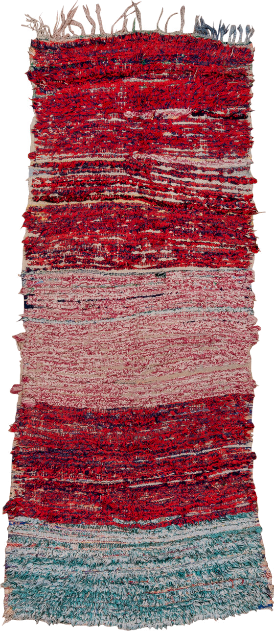 3' x 8' one-of-a-kind handmade vintage Rag Rug runner rug. Color palette: blue, brown, burgundy, dark slate gray, dim gray