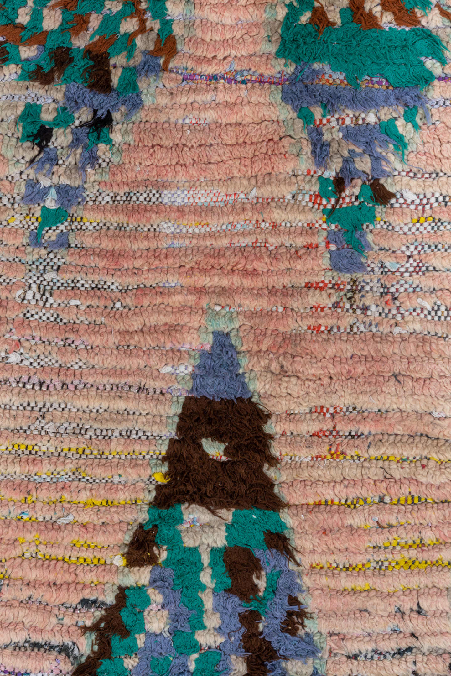 2' x 6' one-of-a-kind handmade vintage Rag Rug runner rug. Color palette: blush, brown, turquoise, black, lavender, ivory