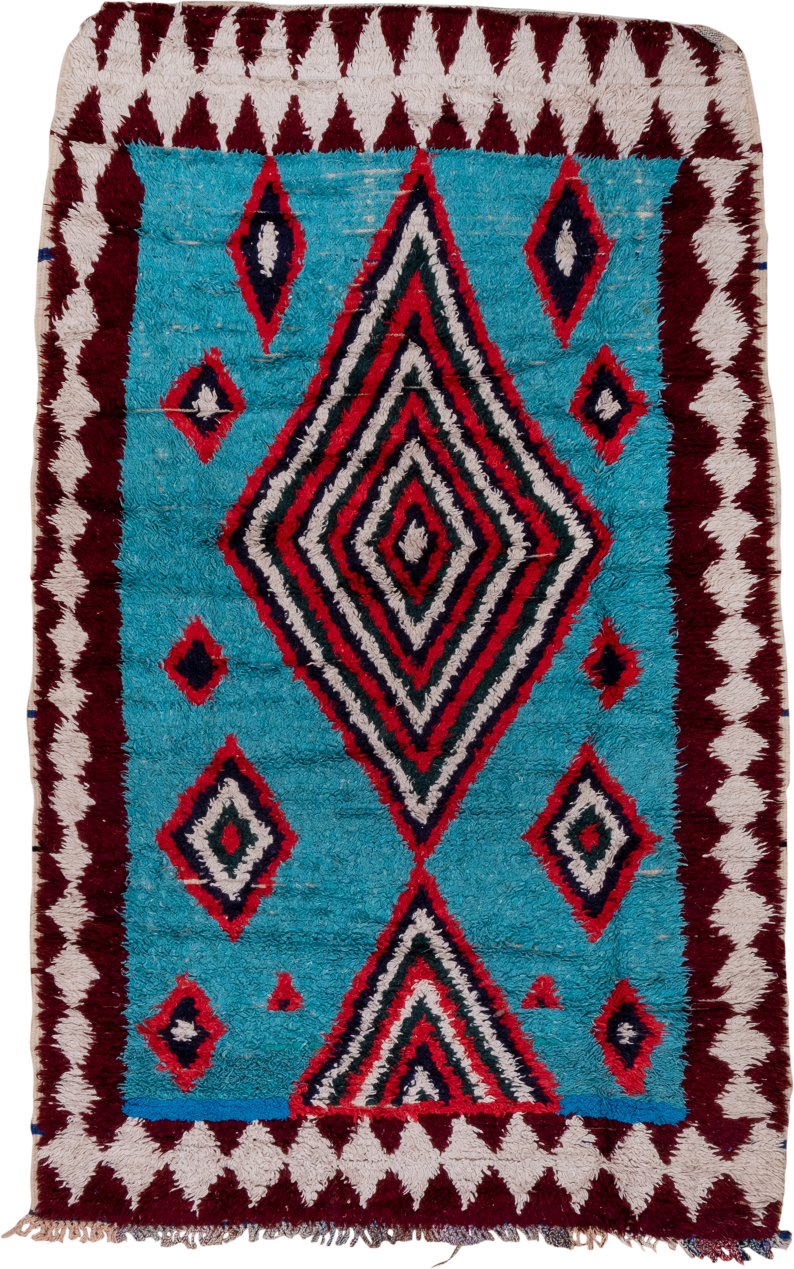 3' x 6' one-of-a-kind handmade vintage Rag Rug small size rug. Color palette: turquoise, ivory, burgundy, crimson, navy