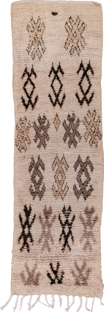 2' x 7' one-of-a-kind handmade vintage Moroccan runner rug. Color palette: black, brown, gray, light gray, off-white, pink