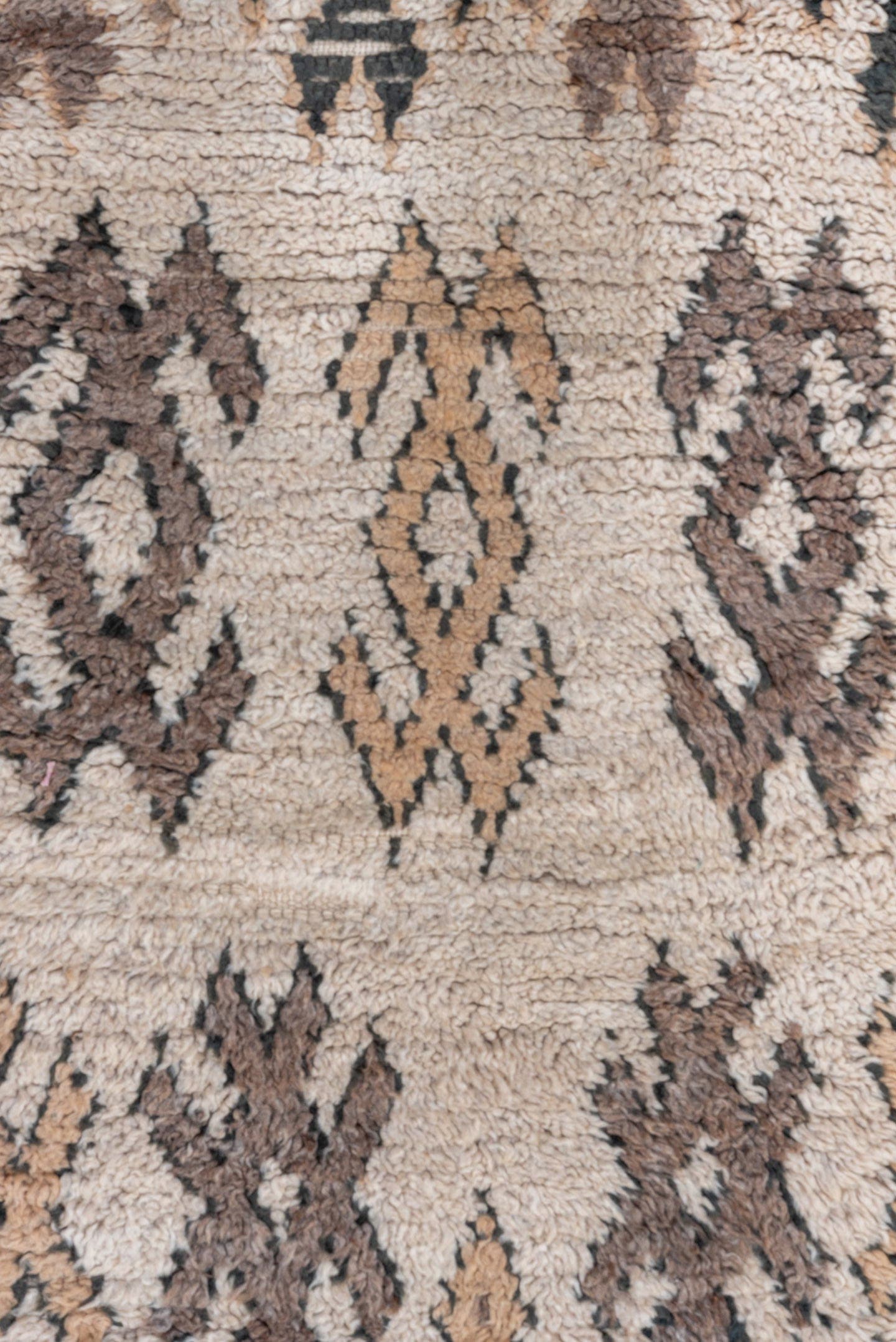 2' x 7' one-of-a-kind handmade vintage Moroccan runner rug. Color palette: ivory, taupe, charcoal, brown, camel, beige, gray