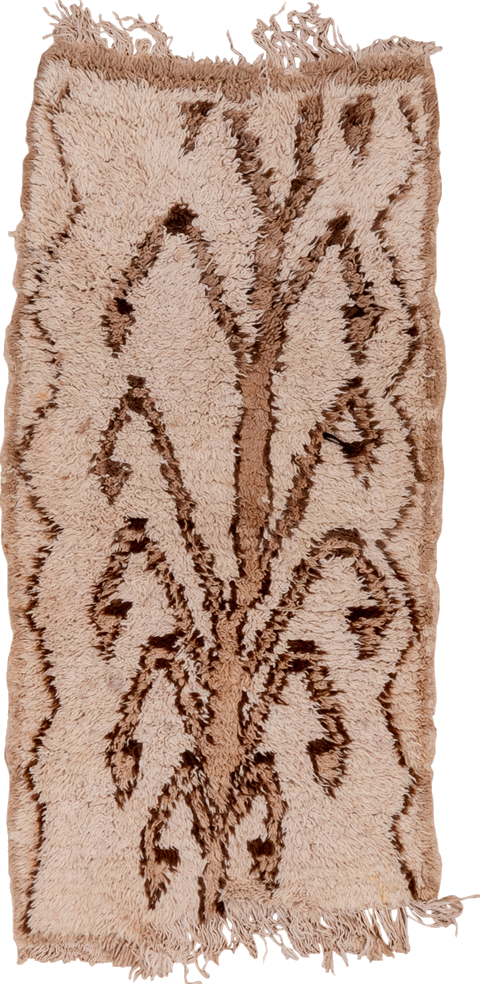2' x 4' one-of-a-kind handmade vintage Moroccan small size rug. Color palette: brown, gray, light gray, off-white, orange