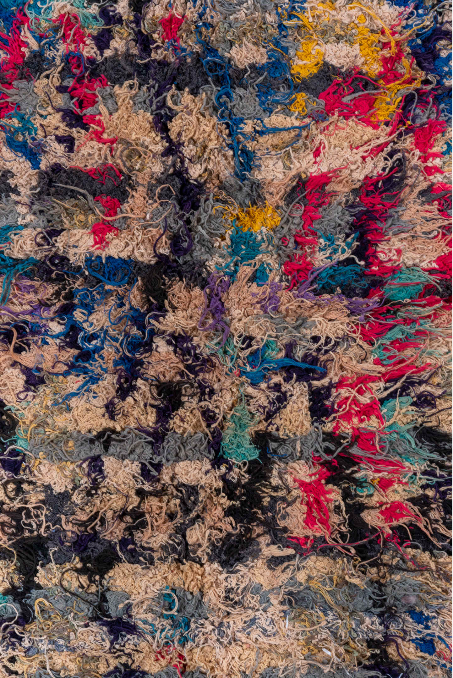 2' x 5' one-of-a-kind handmade vintage Rag Rug small size rug. Color palette: tan, charcoal, crimson, cobalt, turquoise