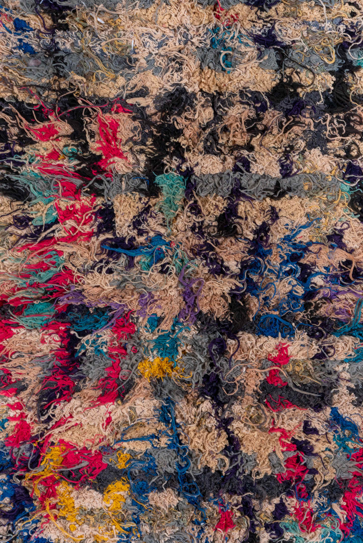 2' x 5' one-of-a-kind handmade vintage Rag Rug small size rug. Color palette: tan, charcoal, crimson, cobalt, turquoise