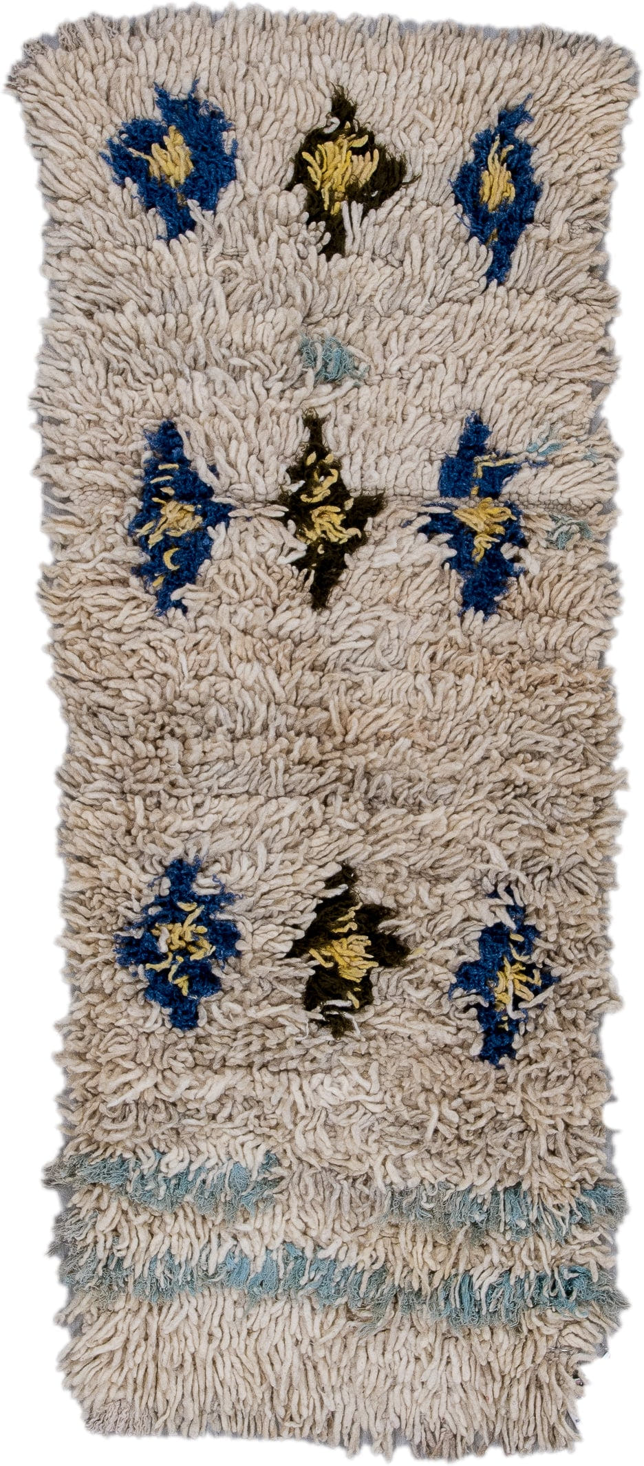 2' x 4' one-of-a-kind handmade vintage Moroccan small size rug. Color palette: ivory, cobalt, charcoal, pale_blue, gold