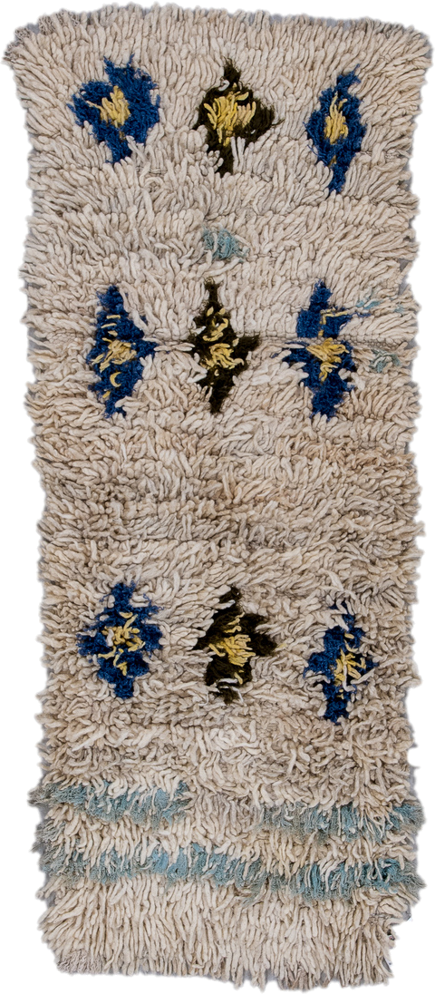 2' x 4' one-of-a-kind handmade vintage Moroccan small size rug. Color palette: ivory, cobalt, charcoal, pale_blue, gold