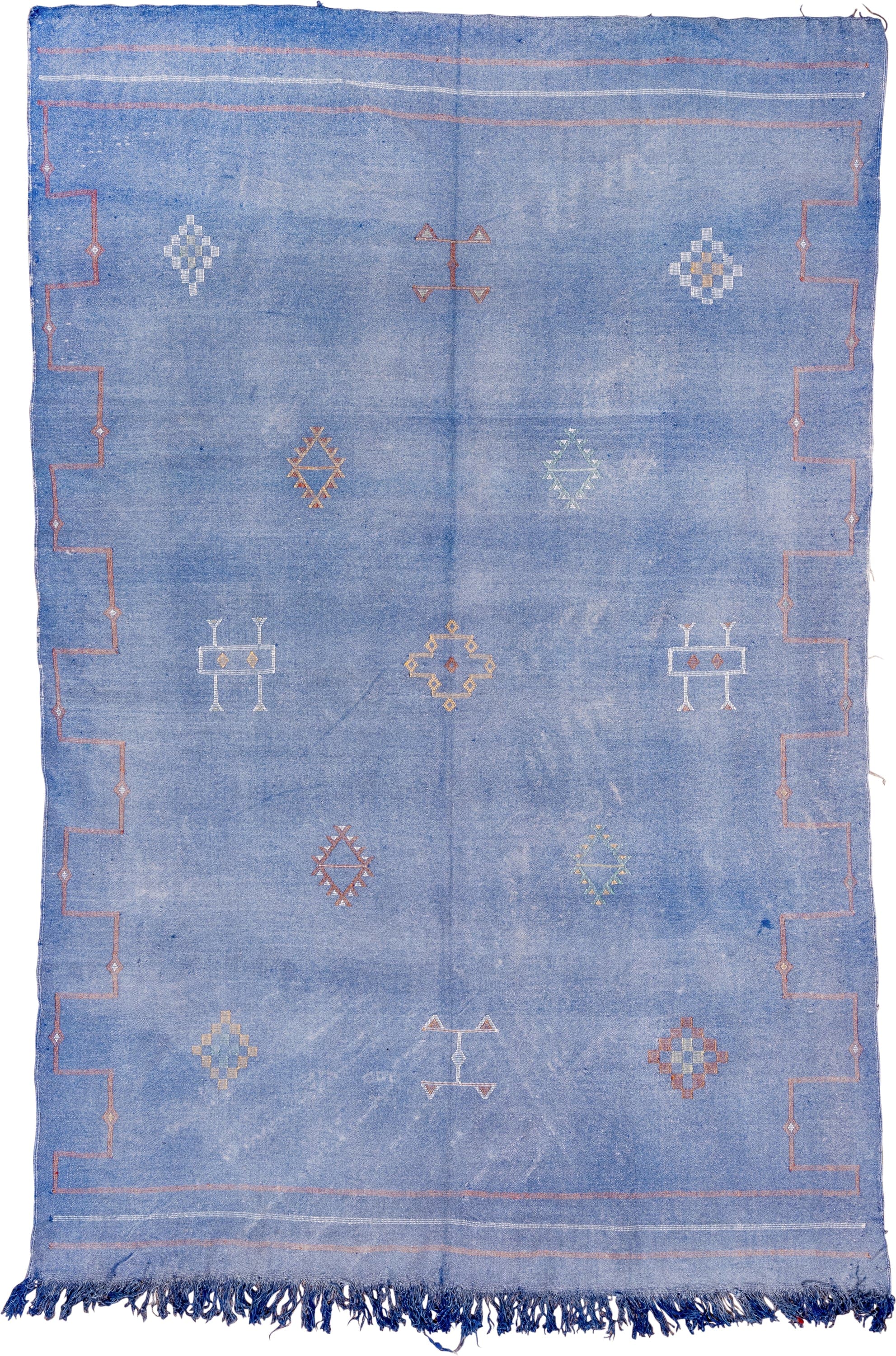 6' x 9' one-of-a-kind handmade vintage Cactus Kilim medium size rug. Color palette: blue, ivory, blush, saffron, rose, pink