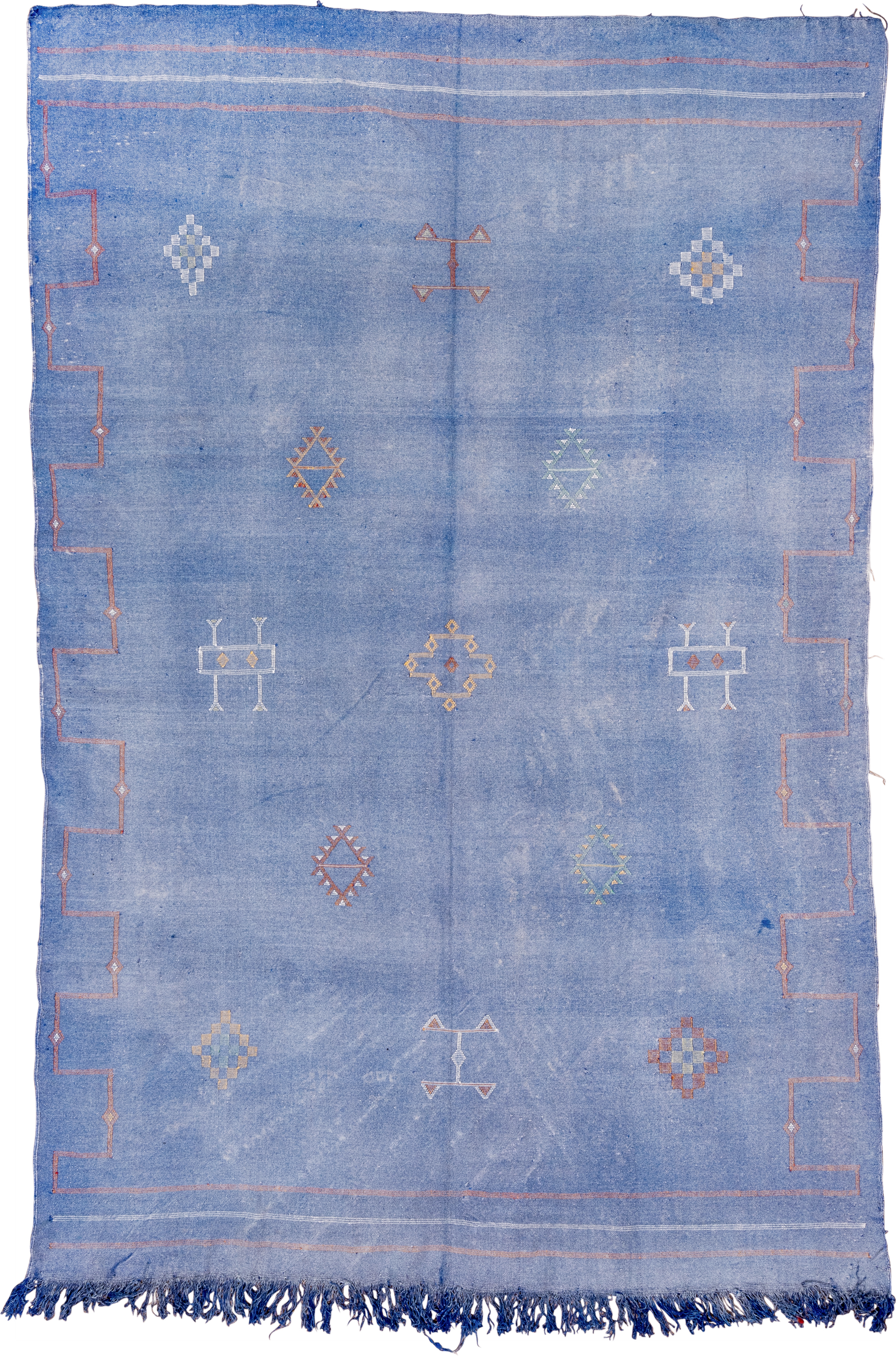 6' x 9' one-of-a-kind handmade vintage Cactus Kilim medium size rug. Color palette: blue, ivory, blush, saffron, rose, pink