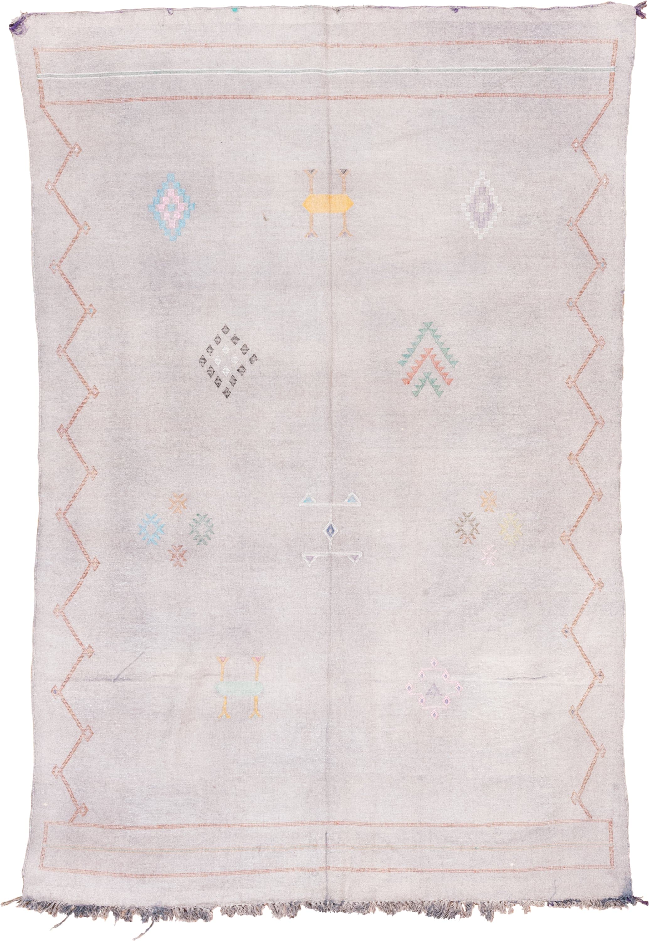5' x 9' one-of-a-kind handmade vintage Cactus Kilim medium size rug. Color palette: blush, ivory, peach, aqua, lavender